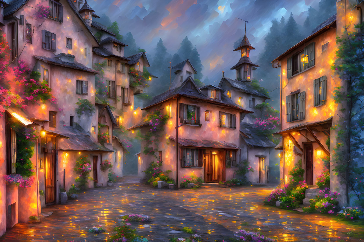 Charming village street scene at dusk with cobblestones, warmly lit windows, and blooming flowers