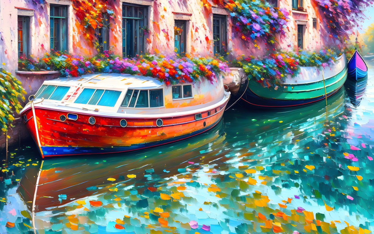 Colorful painting depicts boats, building, and waterway.