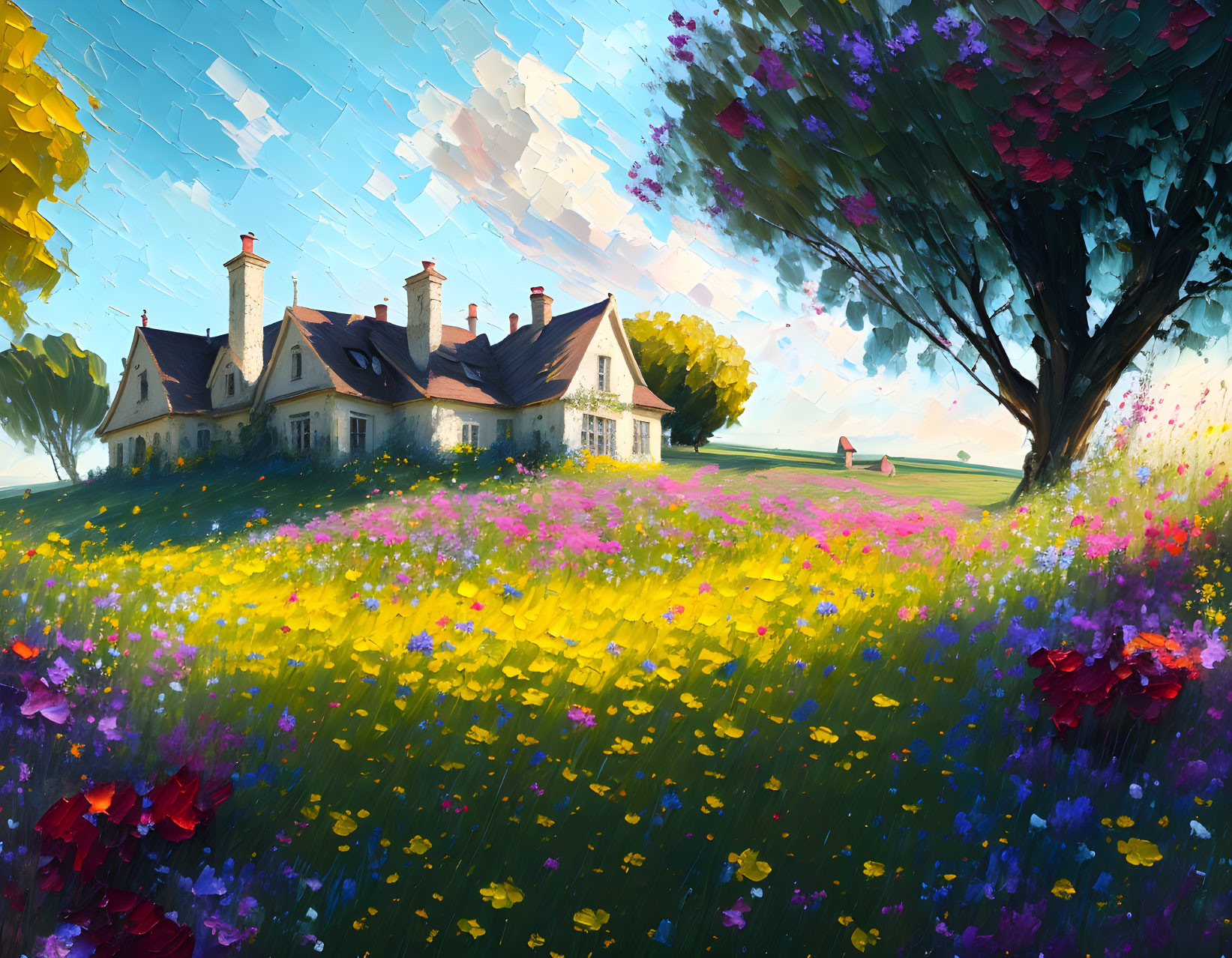 A small country house at the edge of a wild flower