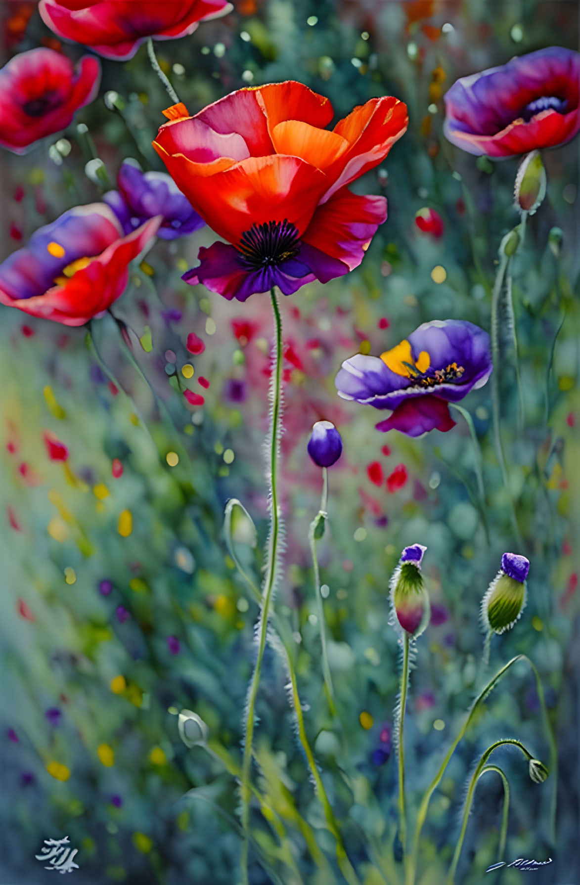 Colorful poppies and wildflowers in bloom with dreamy bokeh background.