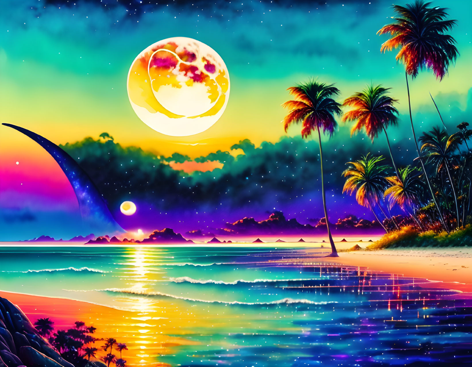 Tropical Nighttime Scene with Moon, Palm Trees, and Ocean