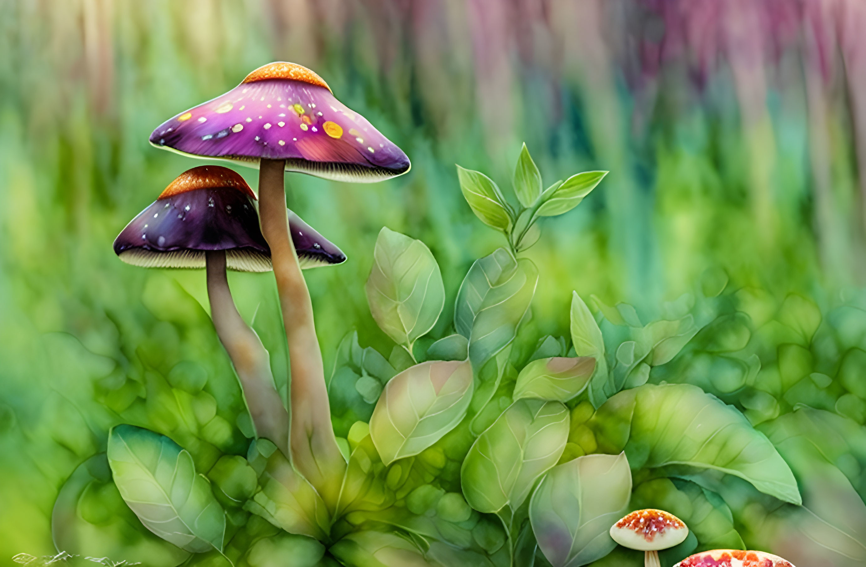 Vibrant purple mushrooms with yellow spots in forest setting