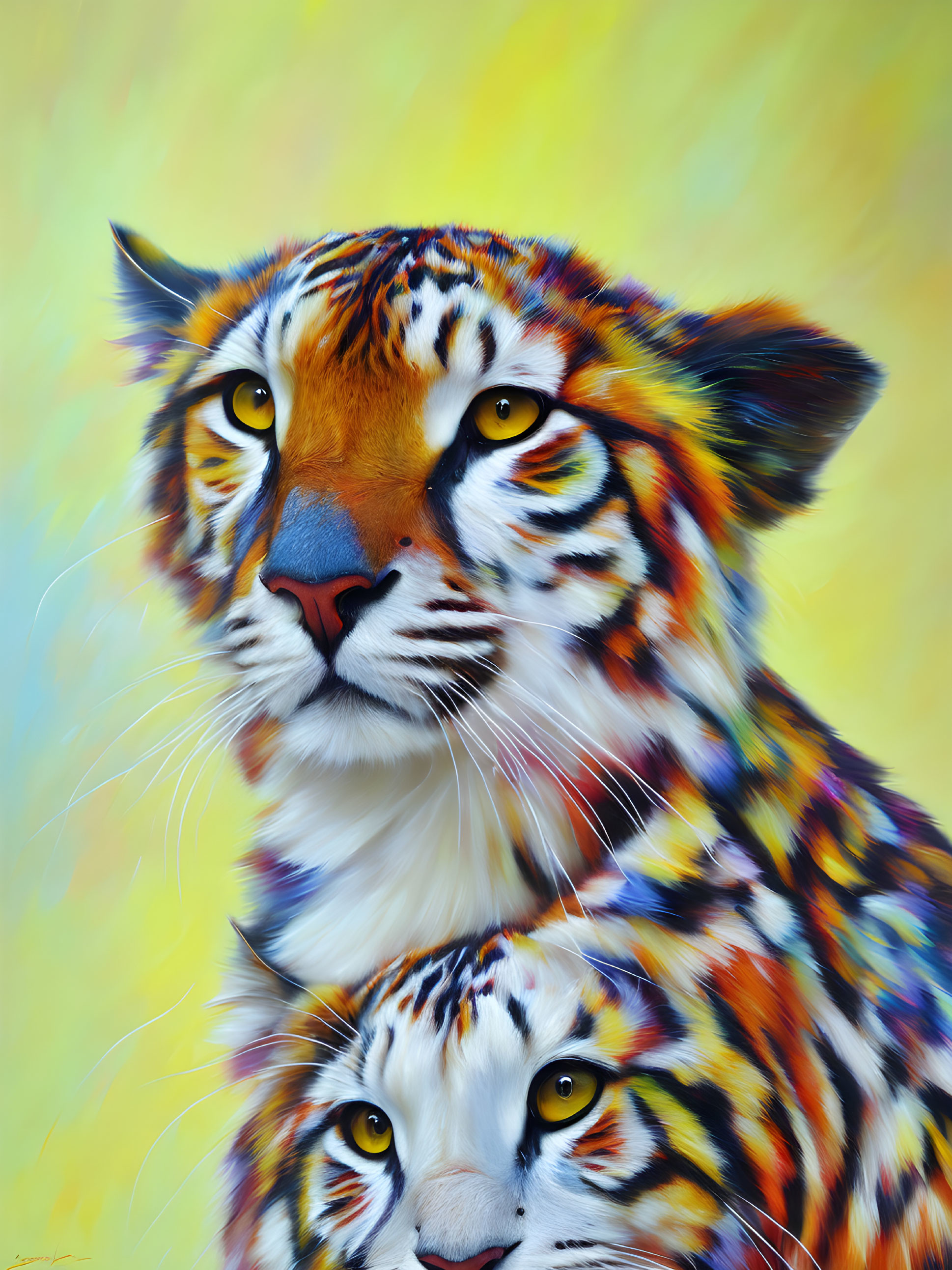 Colorful Tiger Artwork Featuring Two Tigers with Yellow Eyes on Soft Background