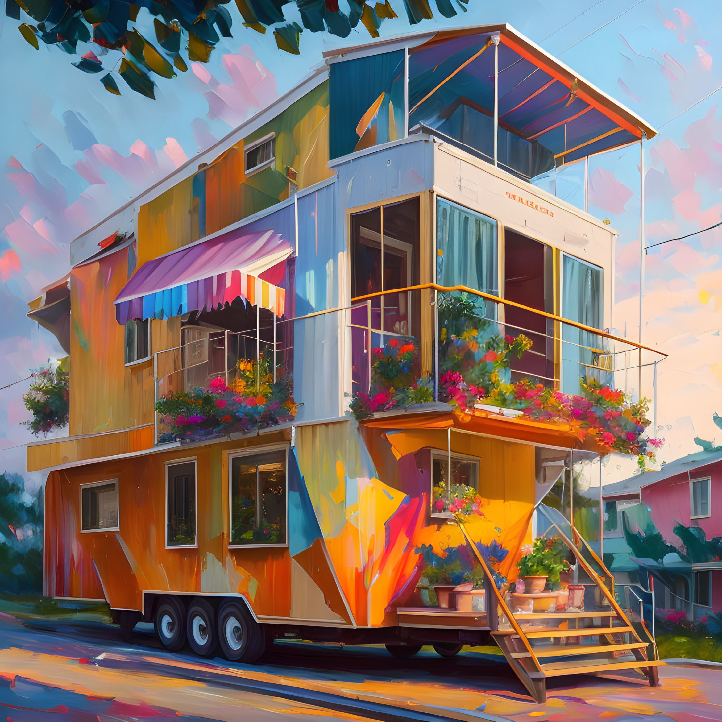 Vibrant two-story mobile home with balcony and floral decorations under sunny sky