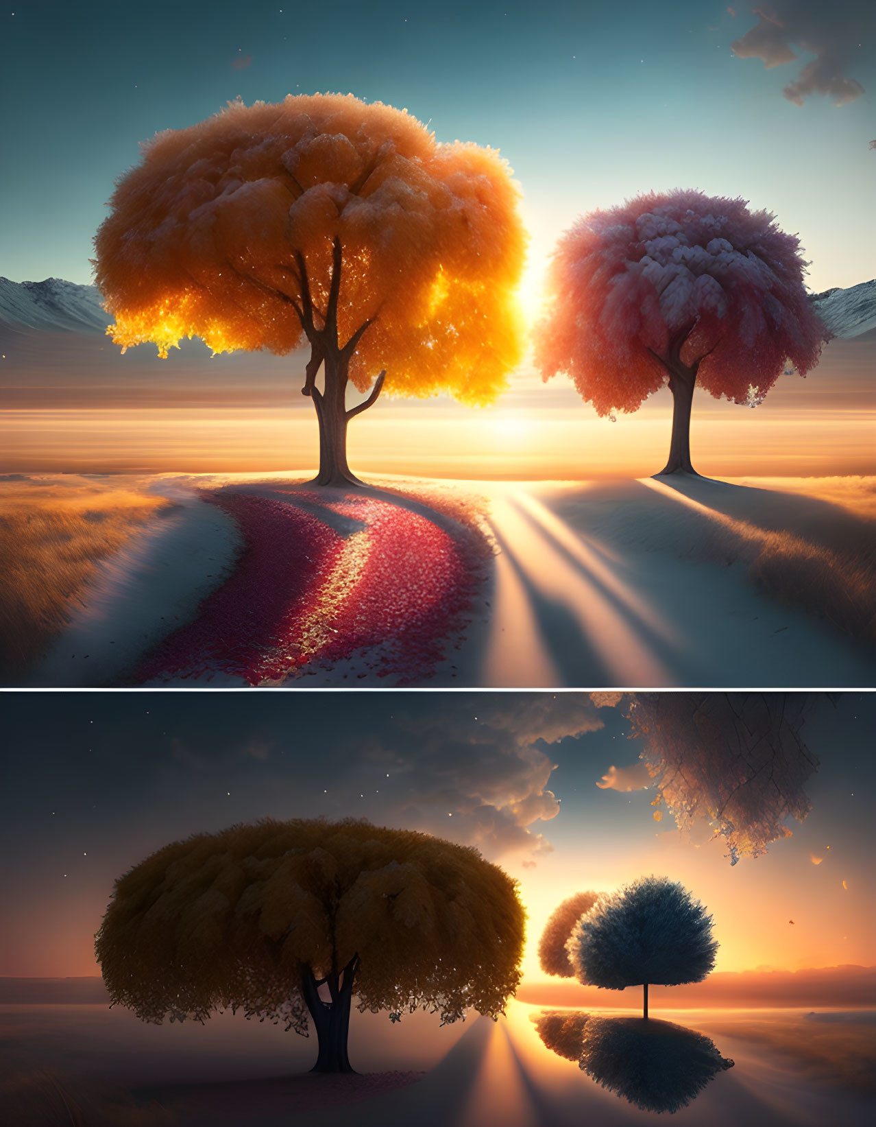 Horizontal Split: Tree in Summer & Winter with Sunset & Sunrise Paths