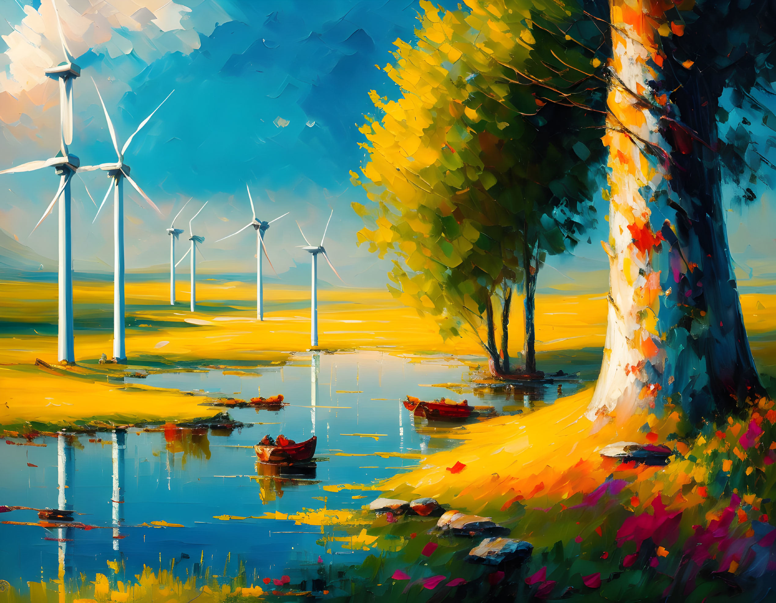 Autumn-themed painting featuring a serene lake, boats, trees, and wind turbines.