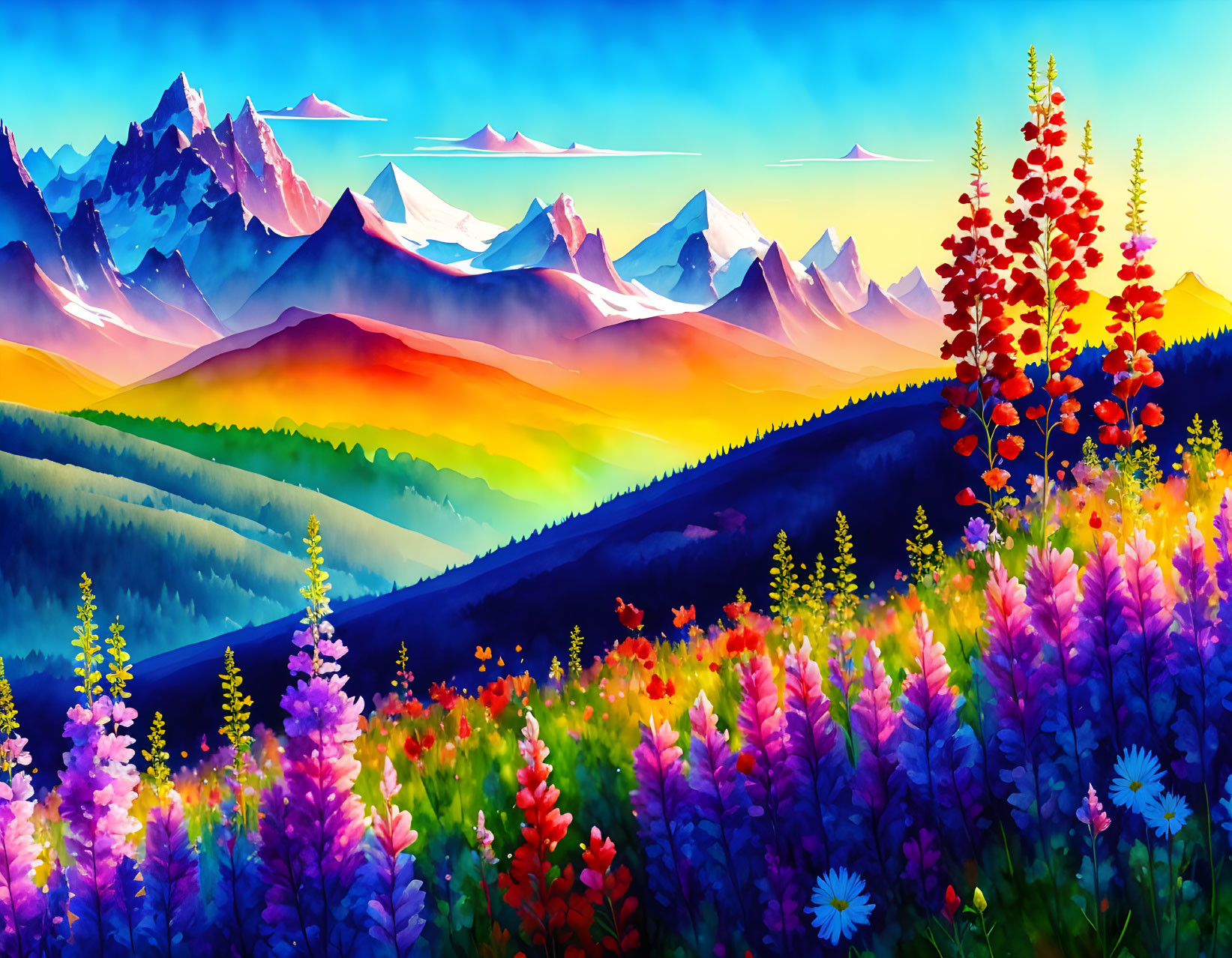 Colorful Meadow and Snow-Capped Mountains Scene