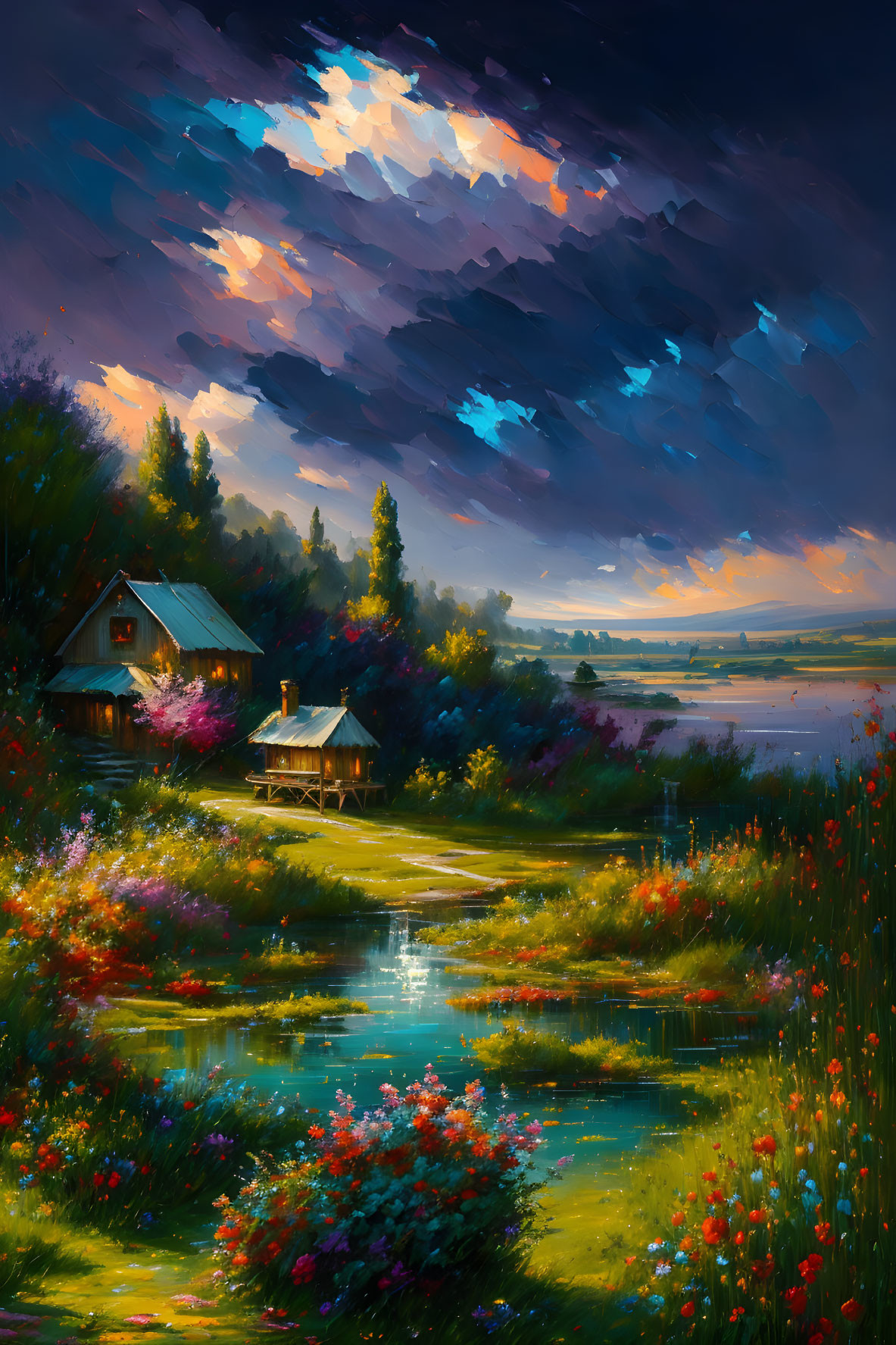 Serene riverside landscape with cottages and colorful sky