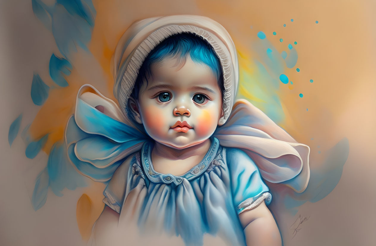 Digital artwork of baby with blue eyes, angel wings, bonnet, blue dress, surrounded by abstract