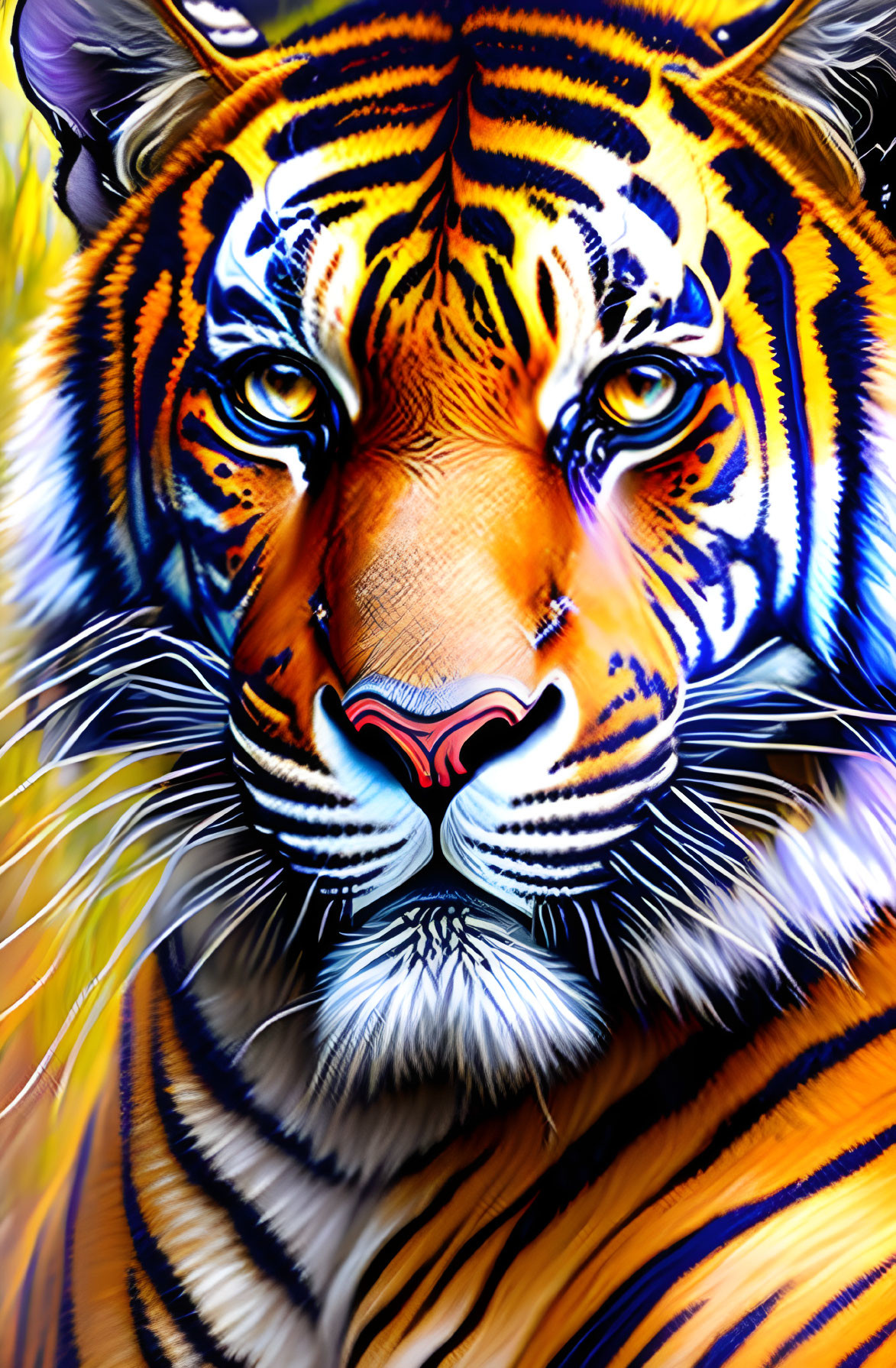 Colorful Tiger Face Artwork with Intense Blue Eyes and Vibrant Fur Stripes