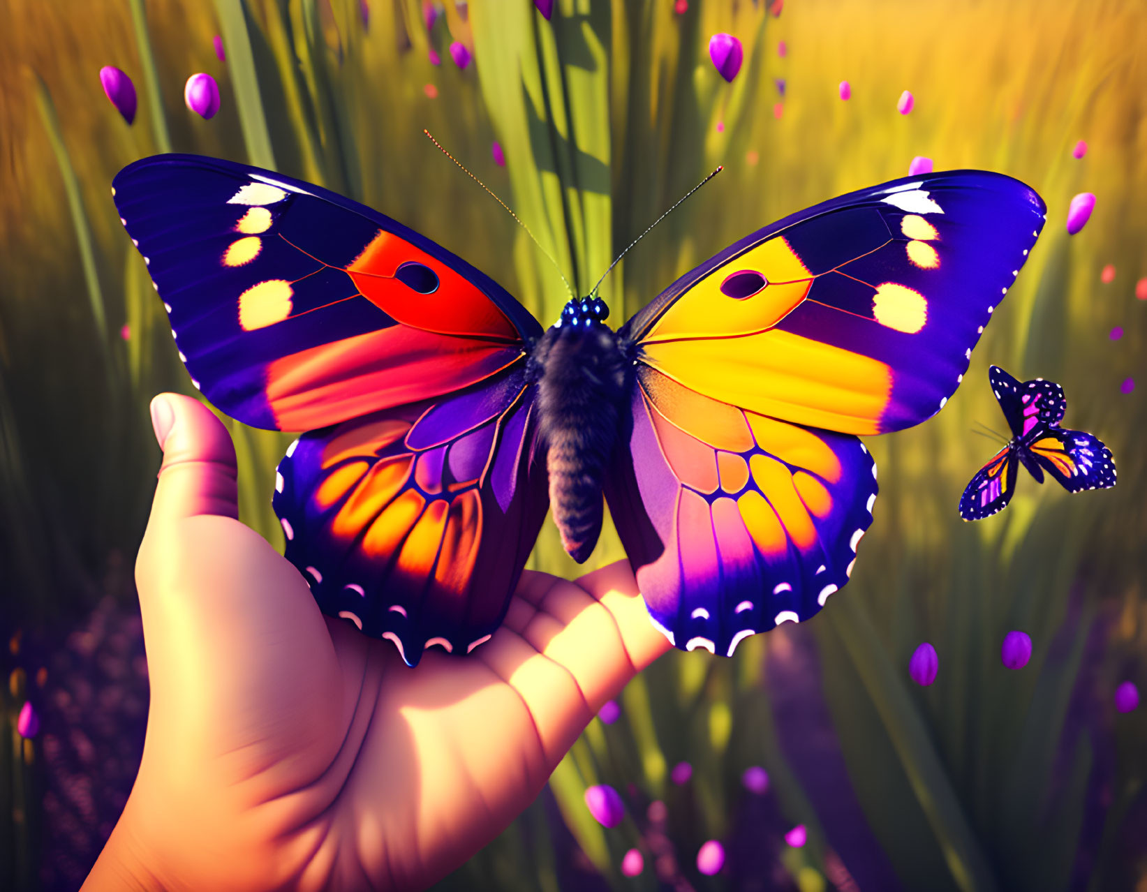 Colorful Butterfly Resting on Hand Among Wildflowers