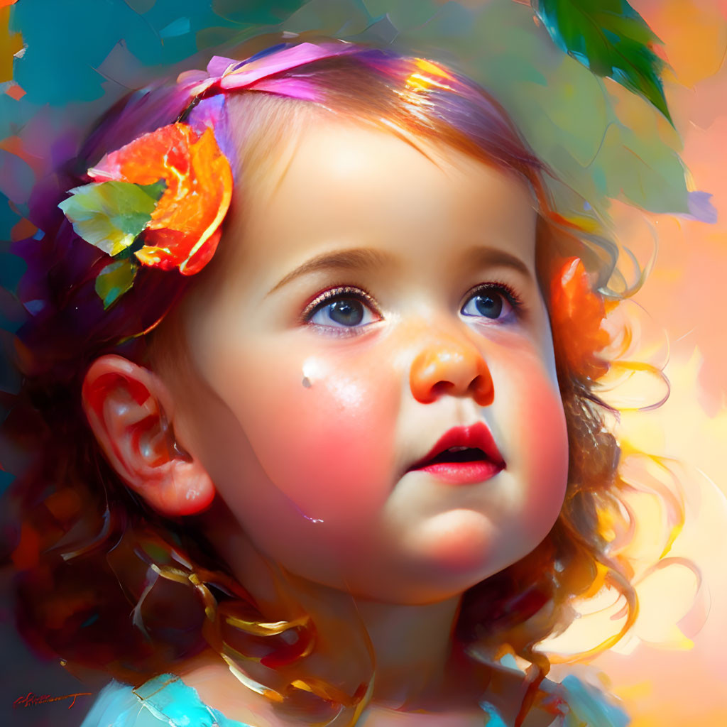 Young child portrait with vibrant bow and flower, gazing upward in soft, colorful light