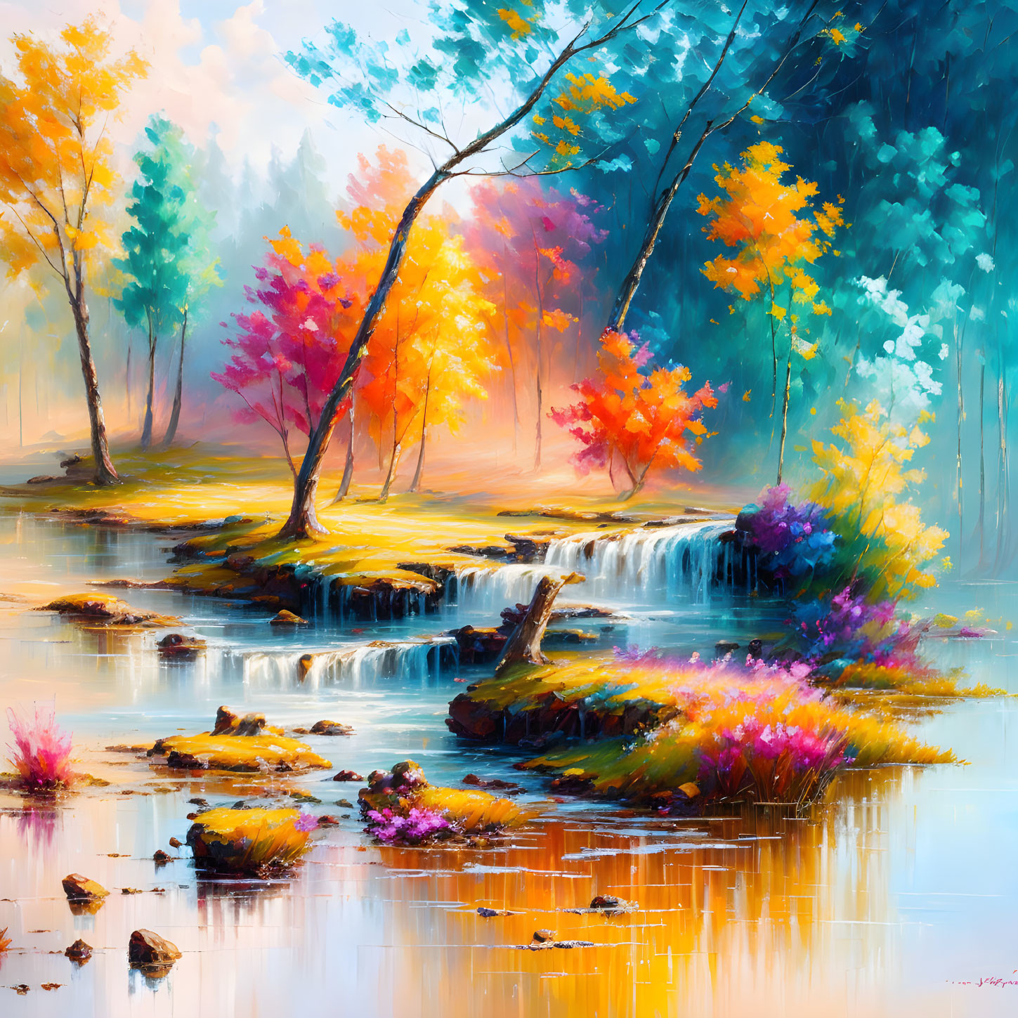 Vivid Landscape Painting: Serene Forest, Autumn Trees, Waterfall & River