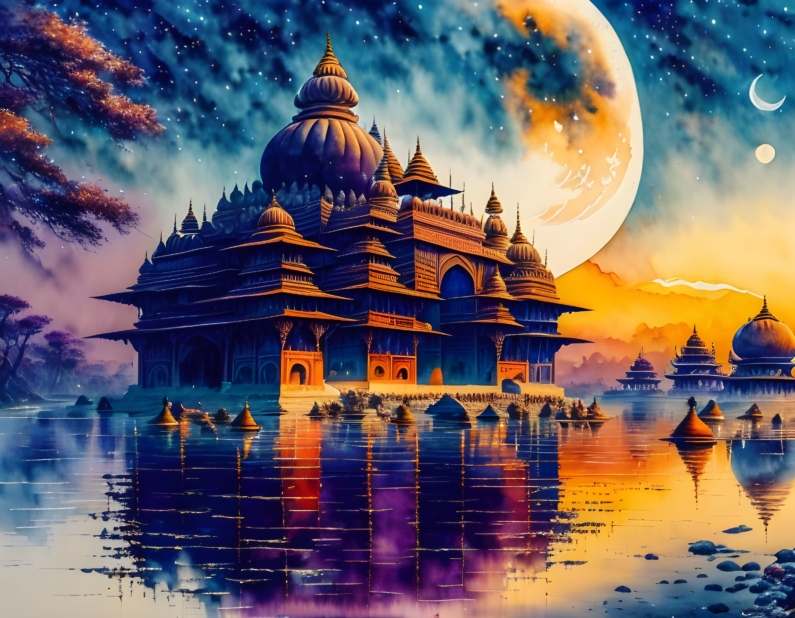 Fantastical digital art of ornate palace by reflective lake with cherry blossoms, crescent moon