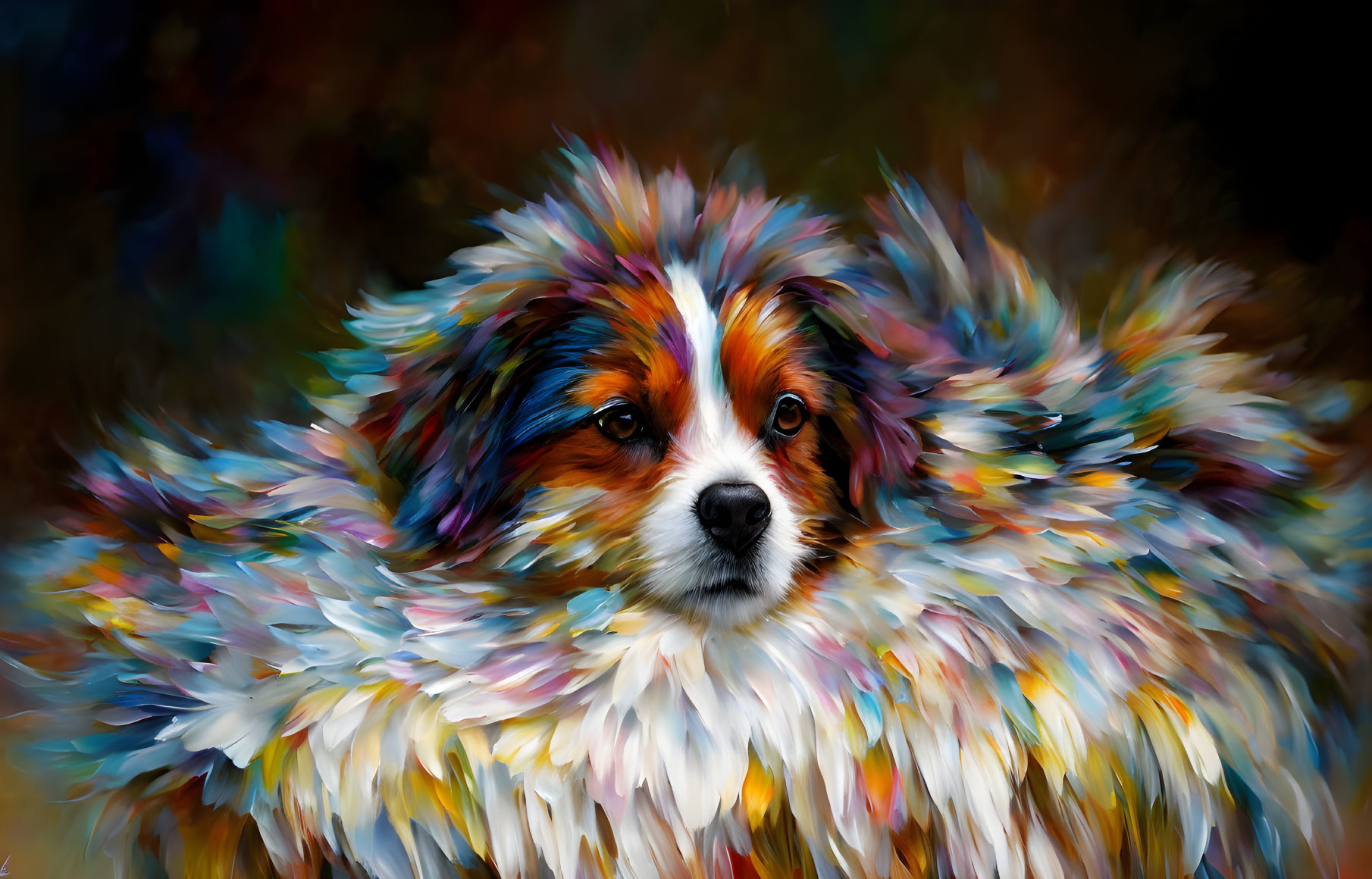 Colorful Fluffy Dog Artwork with Vibrant Multicolored Coat