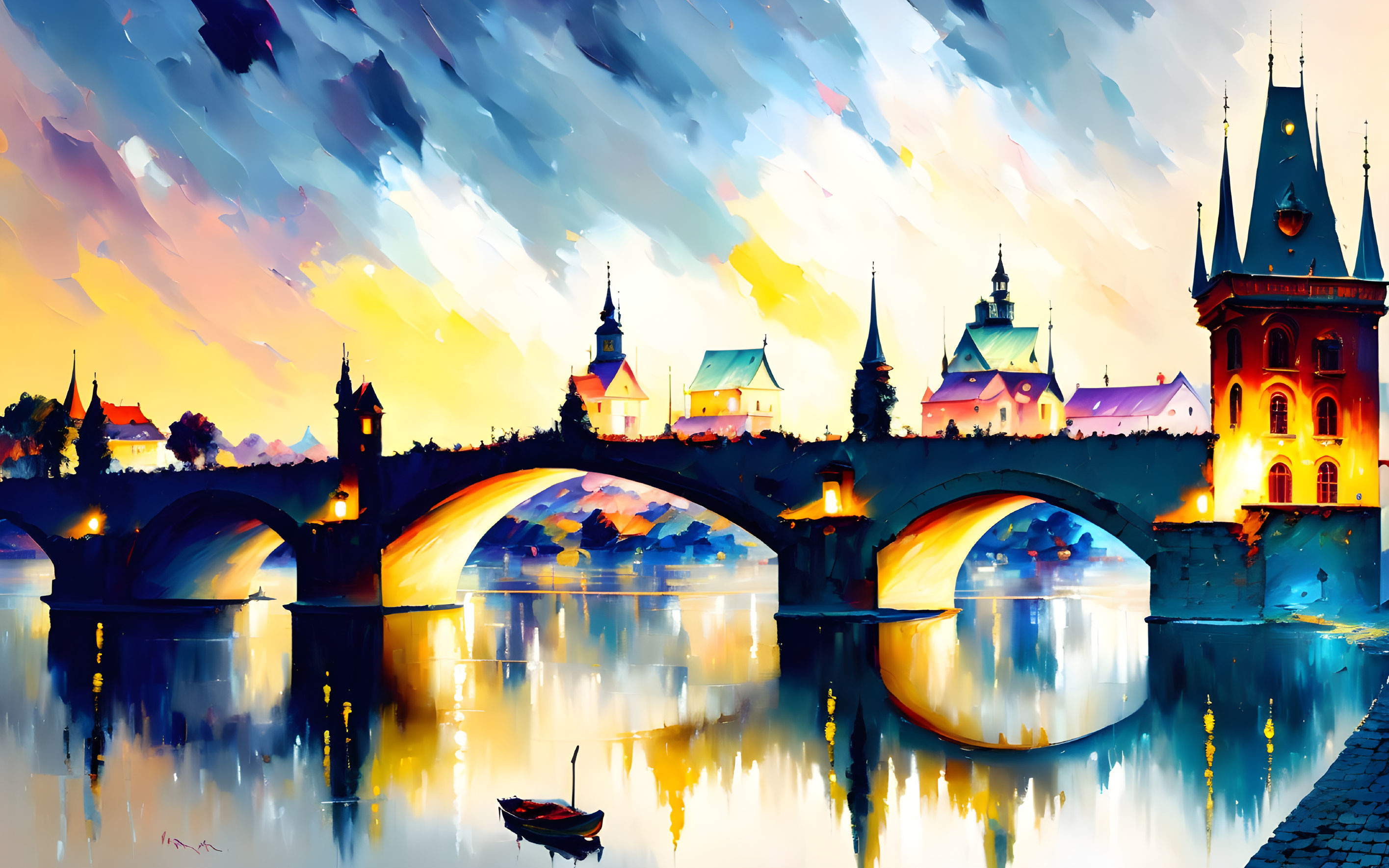 Historical cityscape digital painting with arched bridge at dusk