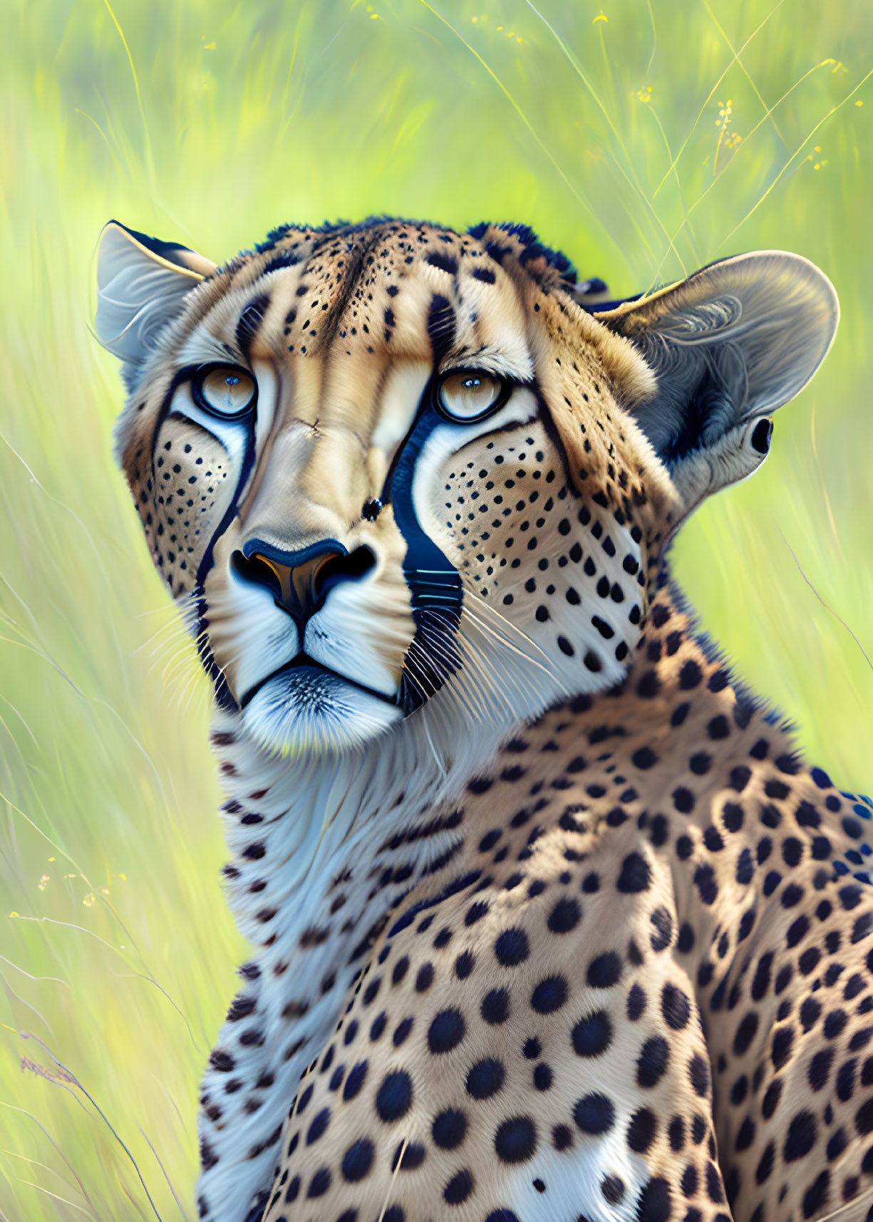 Detailed illustration of cheetah head with intense eyes and vivid spots against grassy backdrop