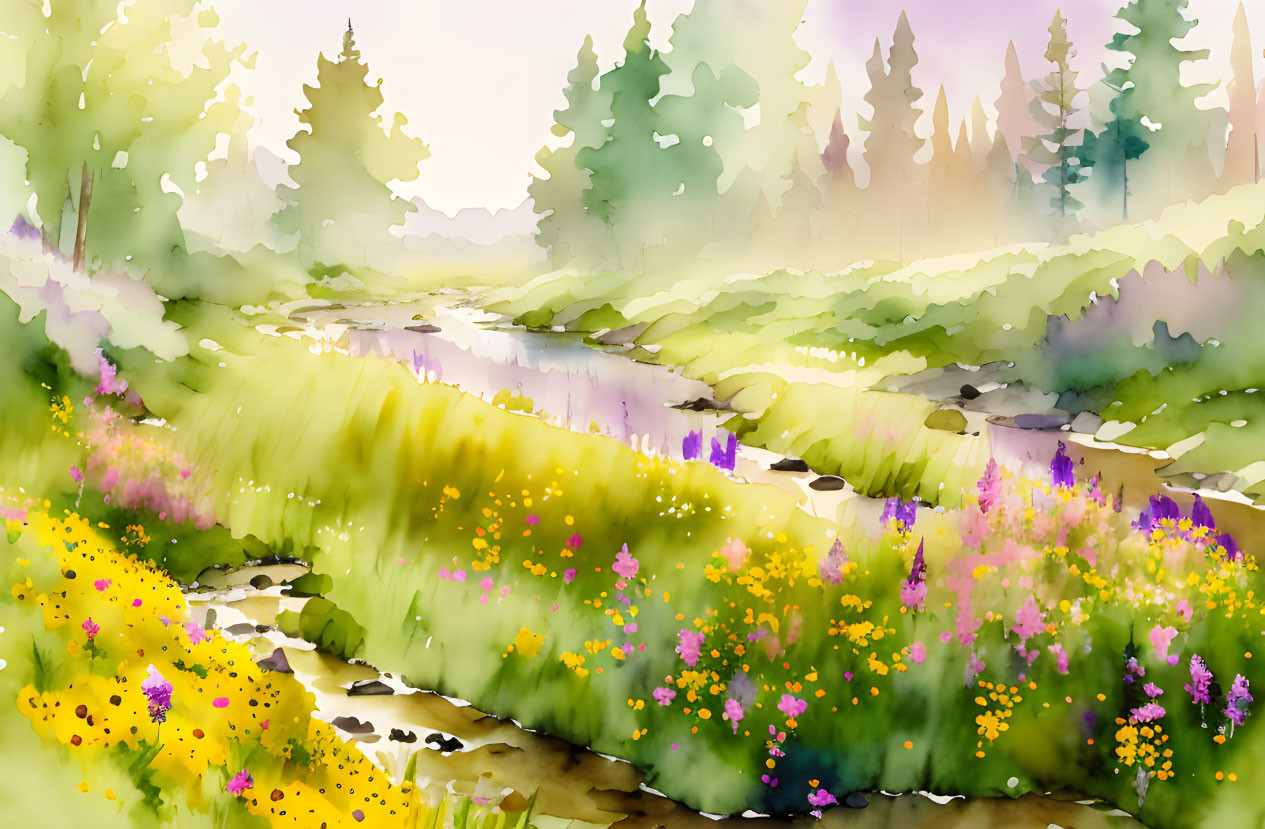 Vibrant watercolor landscape with meandering stream and wildflowers