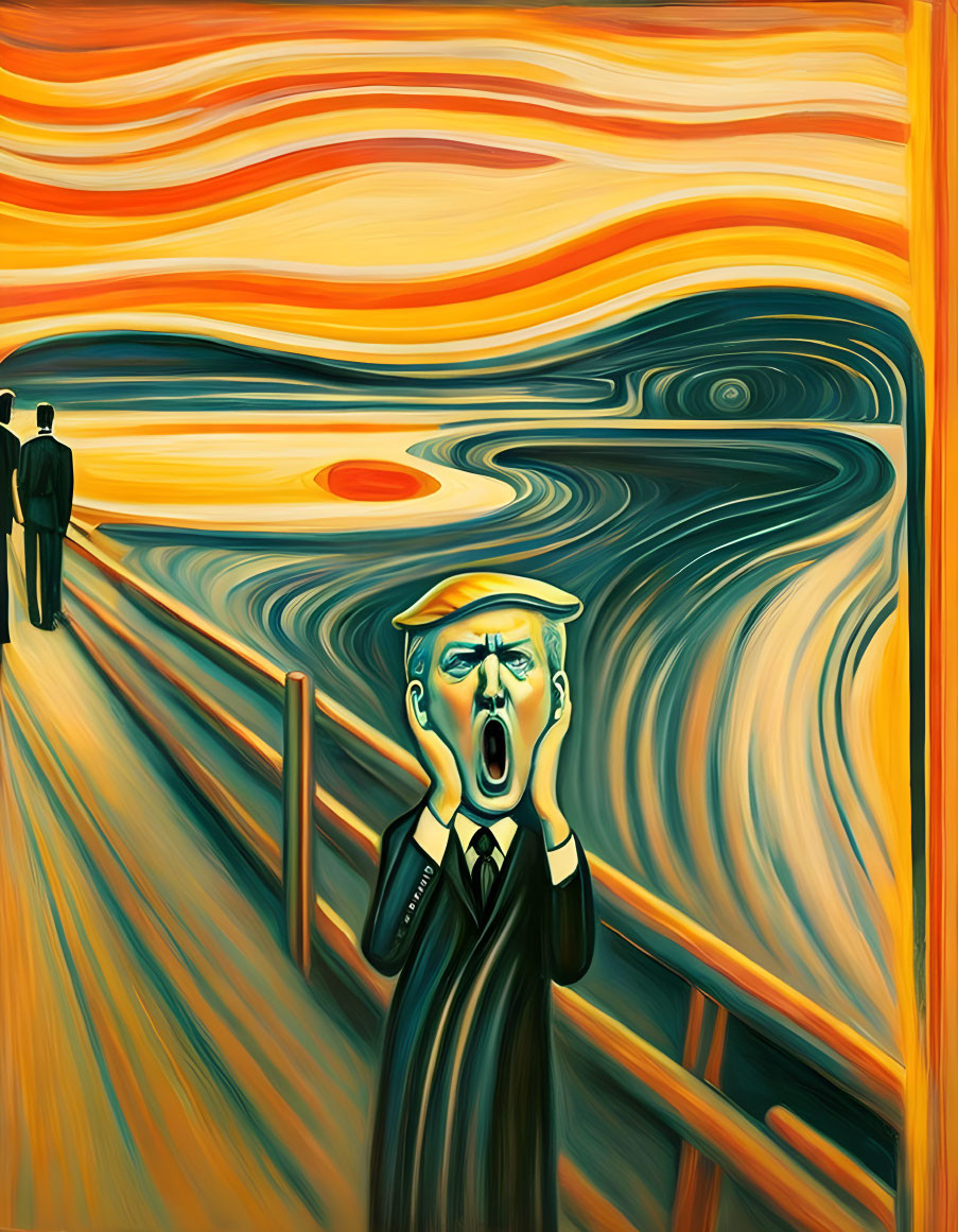 Man in suit yawning with "The Scream" inspired background