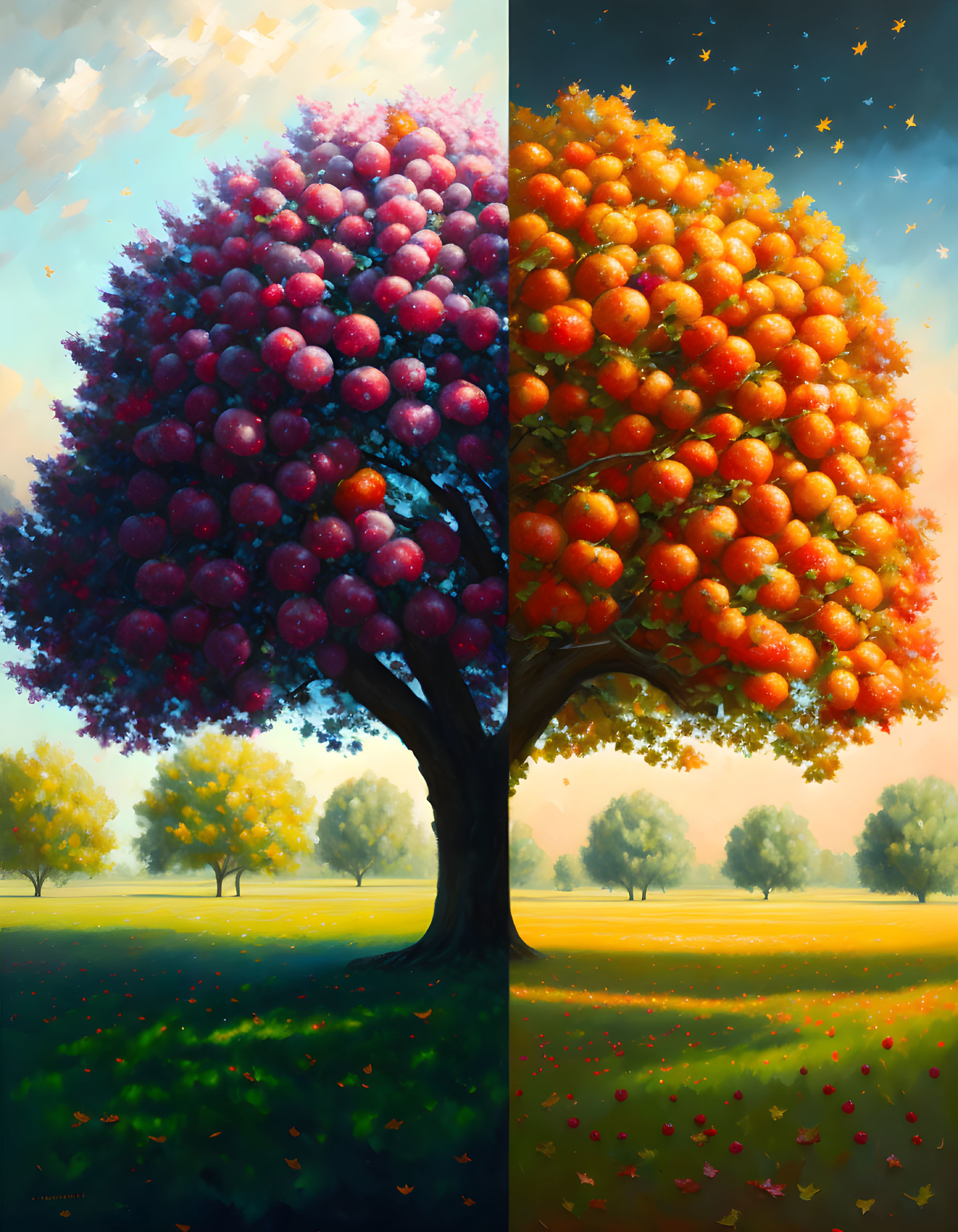 Colorful painting of day and night scenes with oversized red fruits in a serene landscape