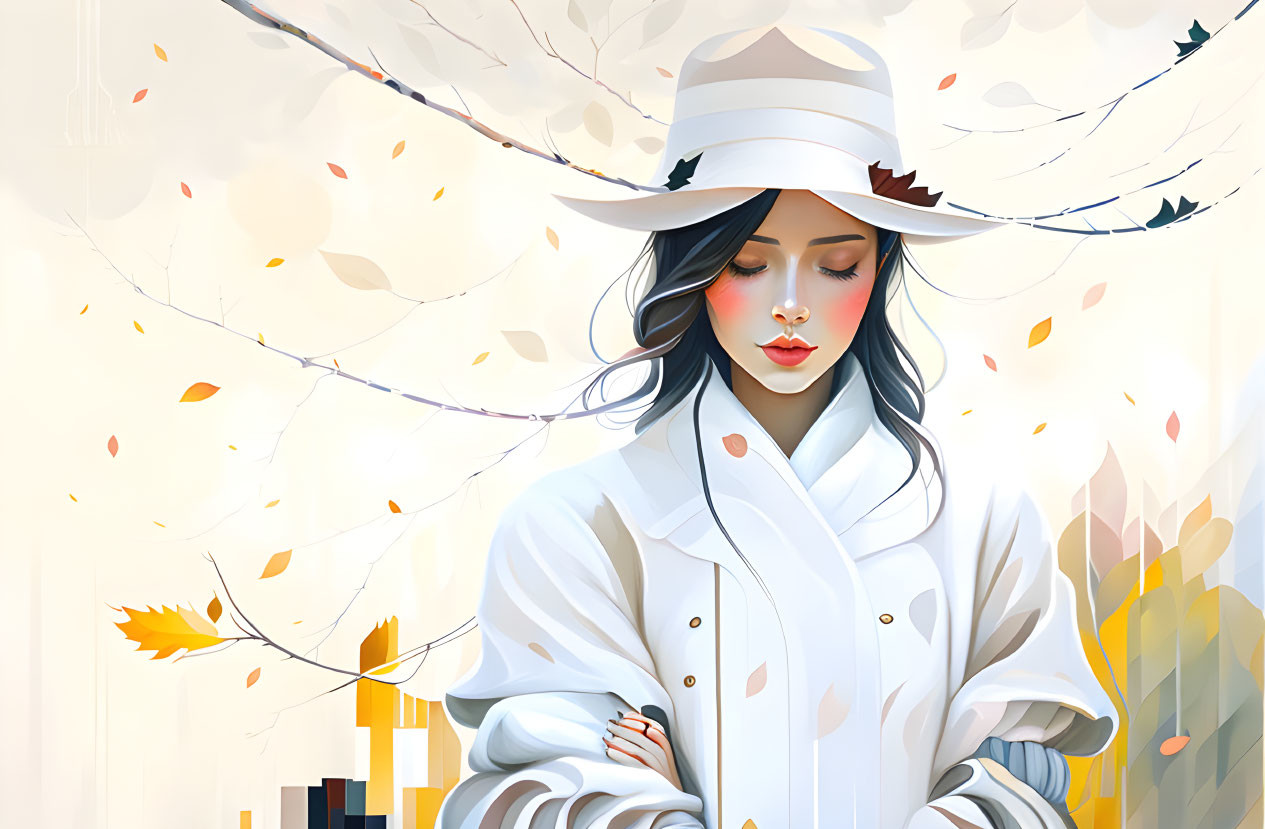 Stylized illustration of woman in white hat and coat with swirling autumn leaves