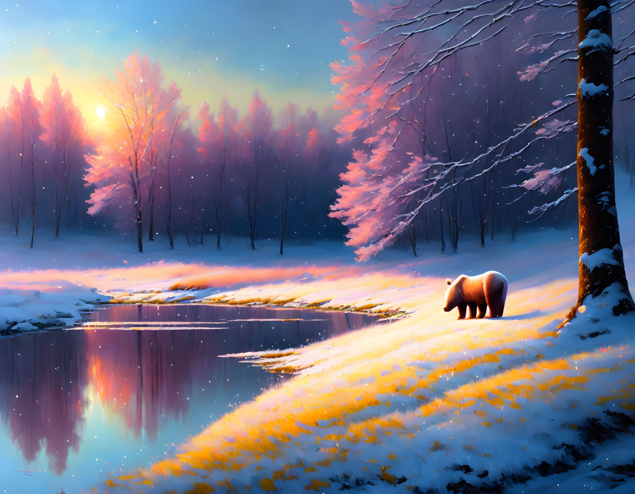 Snowy Sunset Landscape with Bare Trees, Pink Sky, Lake, and Sheep