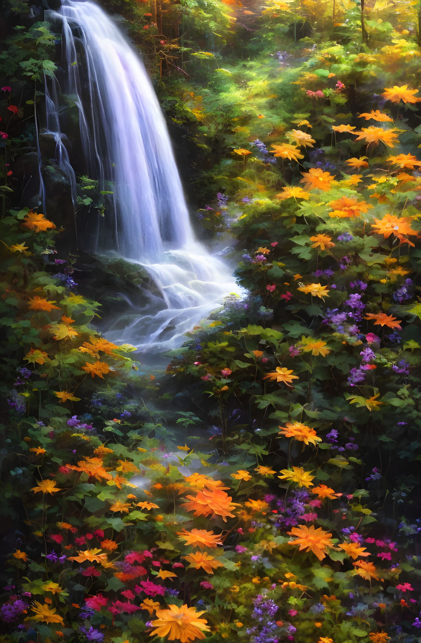 Tranquil waterfall in vibrant autumn forest