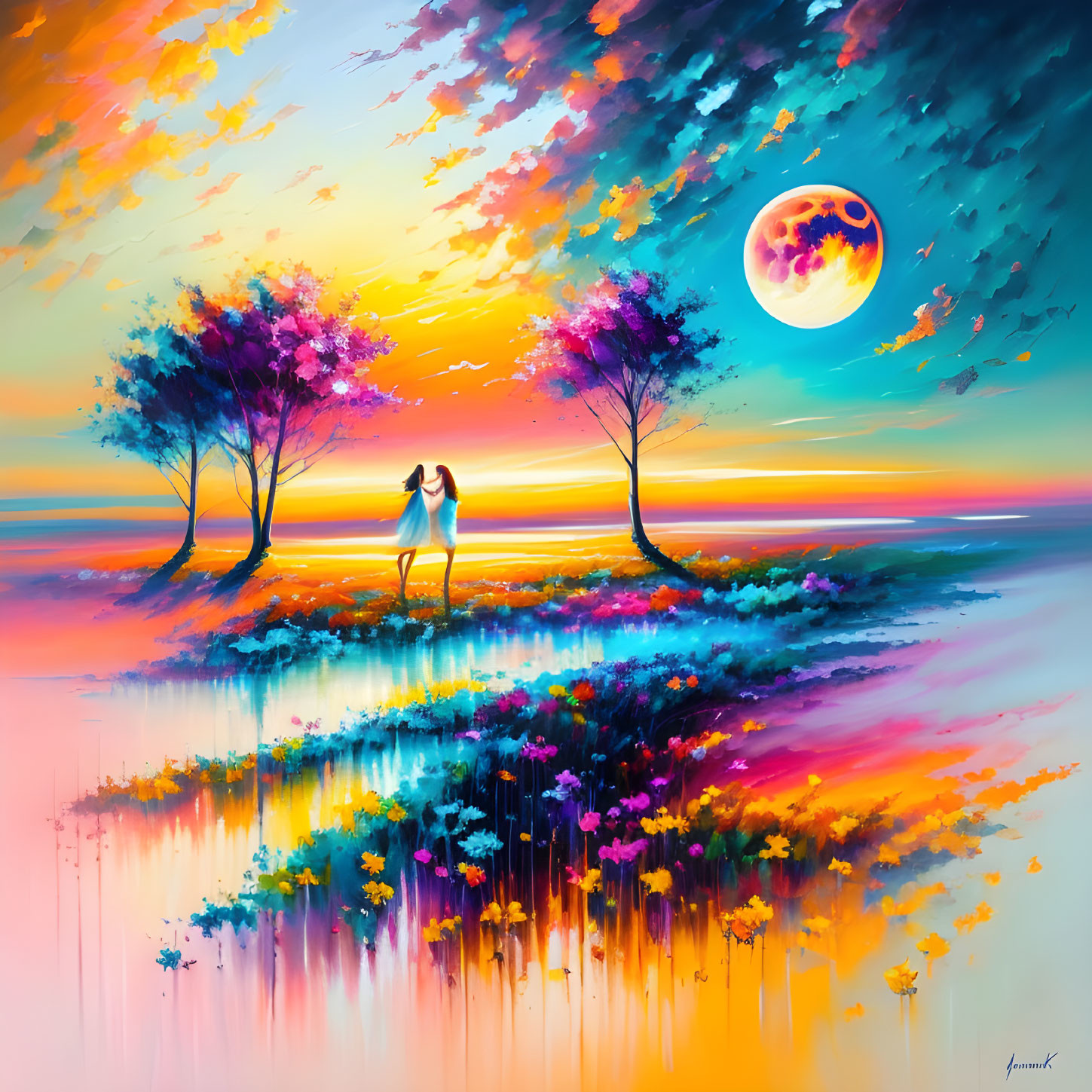 Colorful painting of two figures under tree with vibrant sky, water reflection, flowers, surreal moon