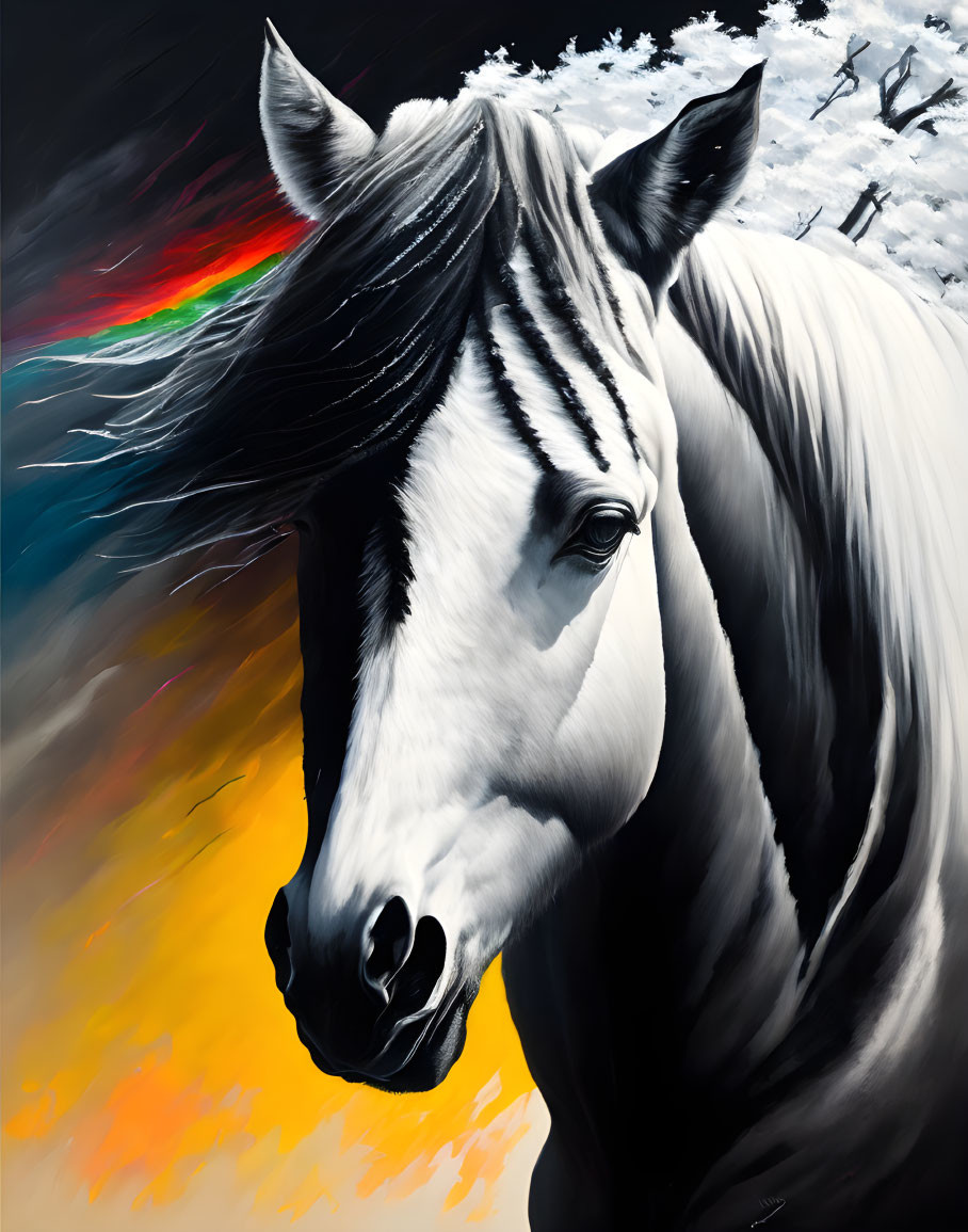 White Horse Painting Against Dramatic Colorful Background