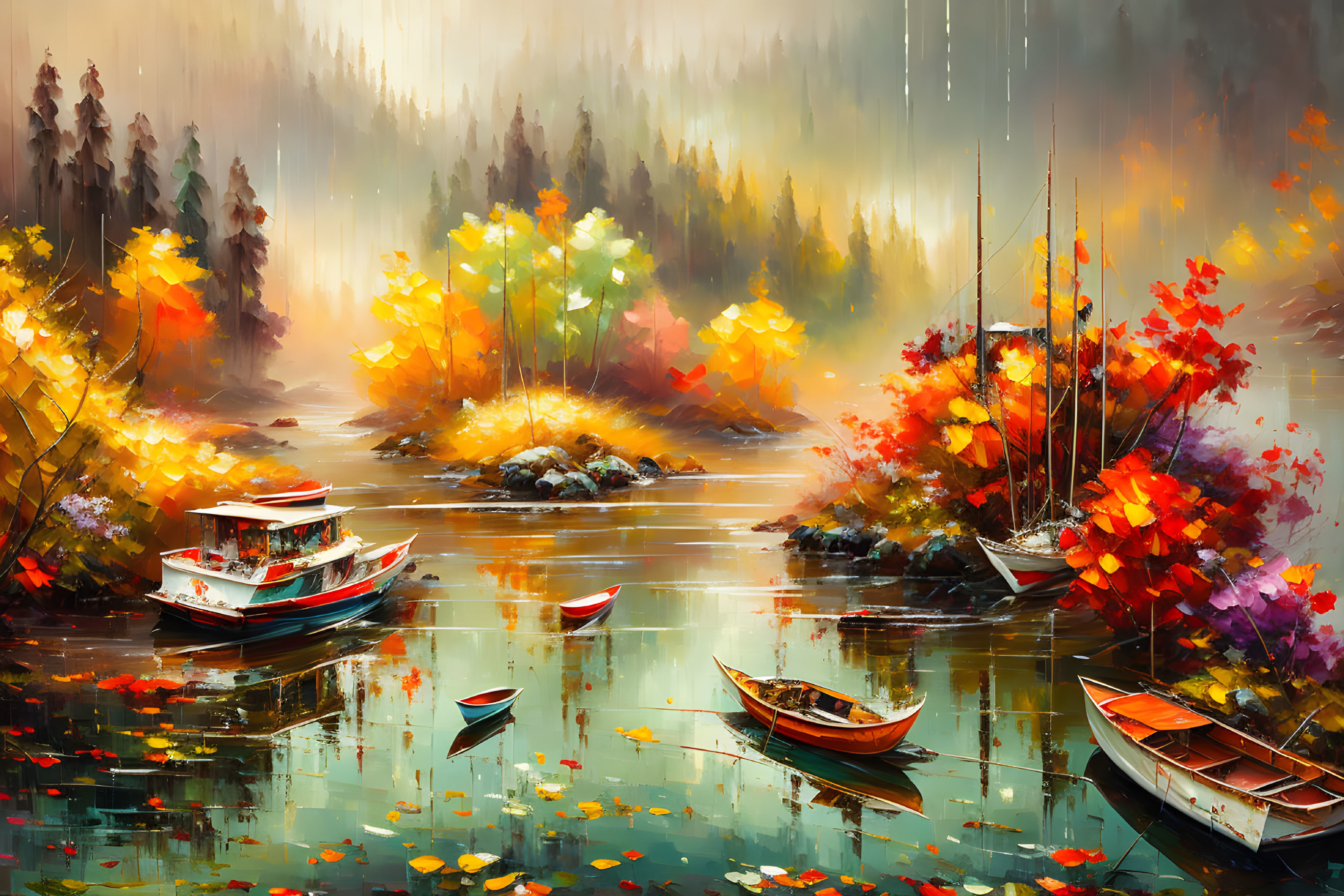 Vibrant autumn landscape with boats on serene lake