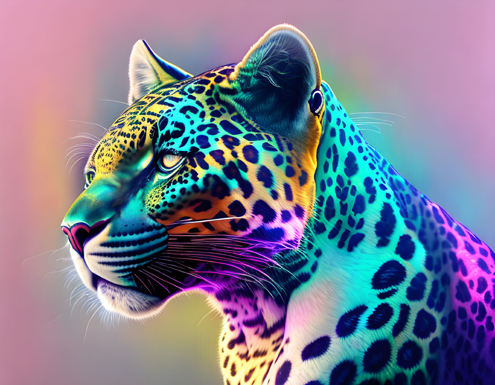 Colorful Leopard Head Art with Neon Glow Effect