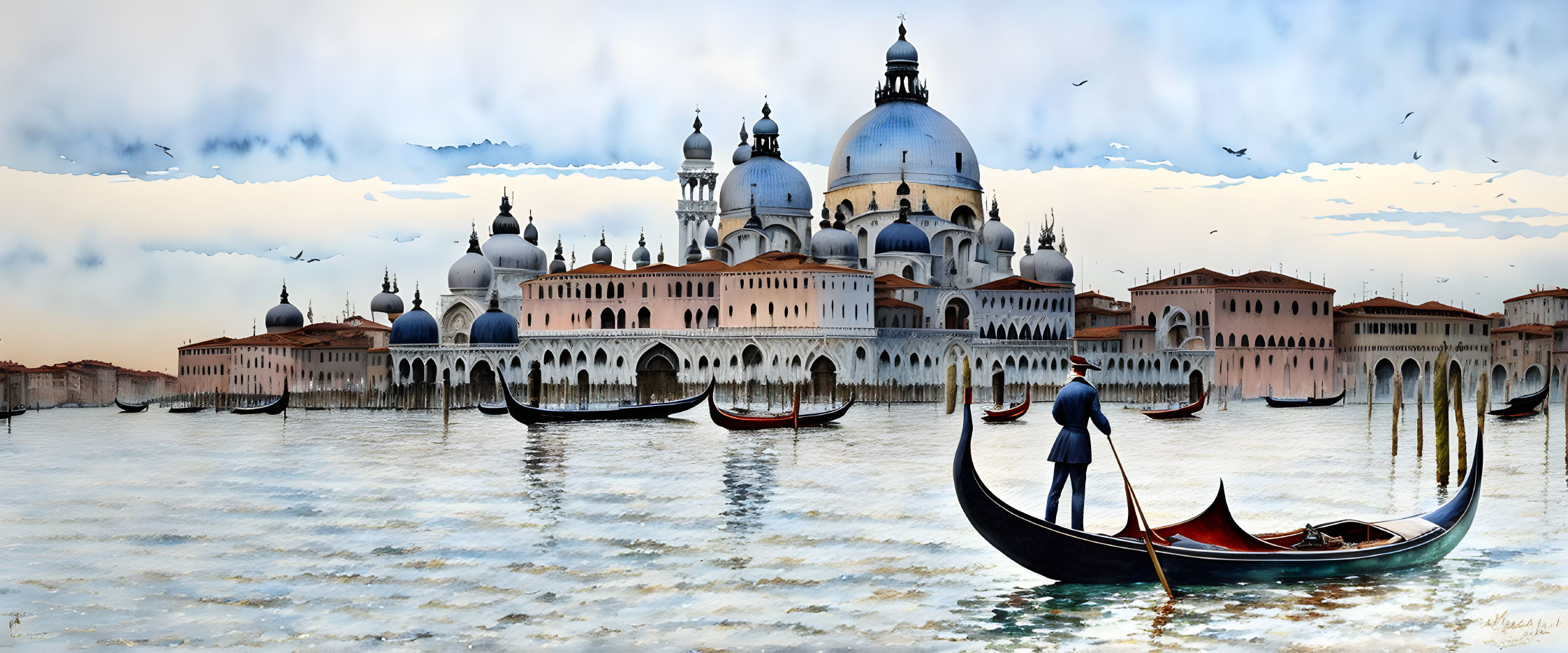 Iconic domed buildings and gondolier in serene waters with flying birds