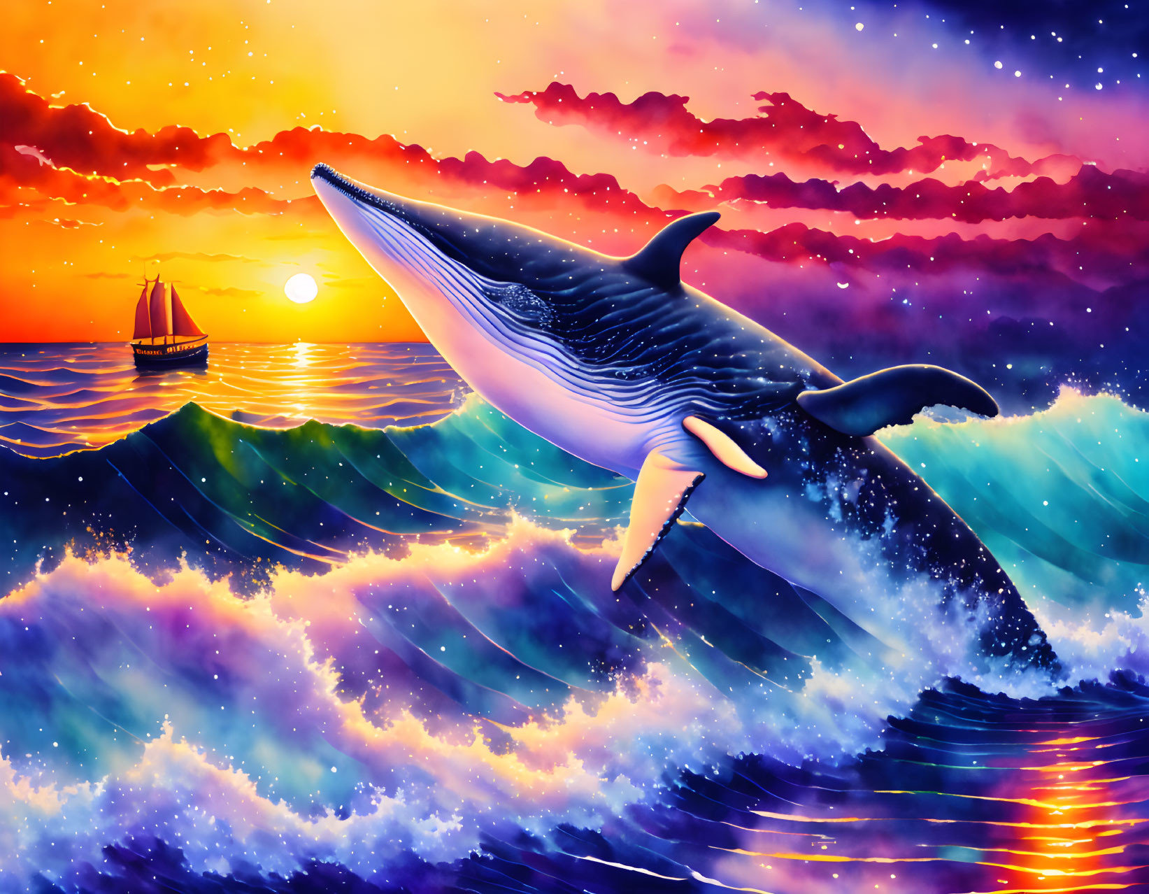 Whale breaching at sunset with sailboat and colorful sky