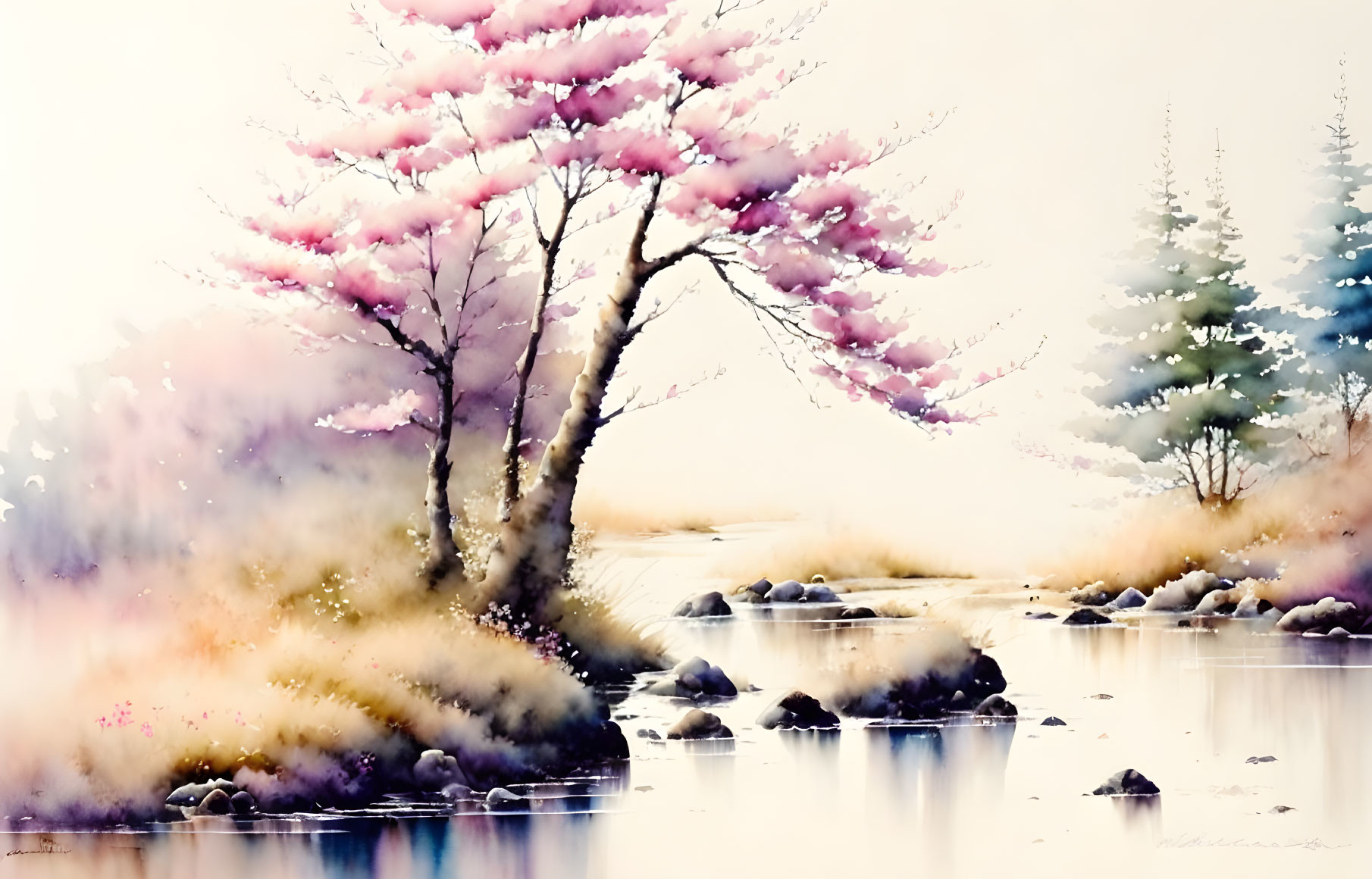 Tranquil watercolor painting of pink tree by misty river