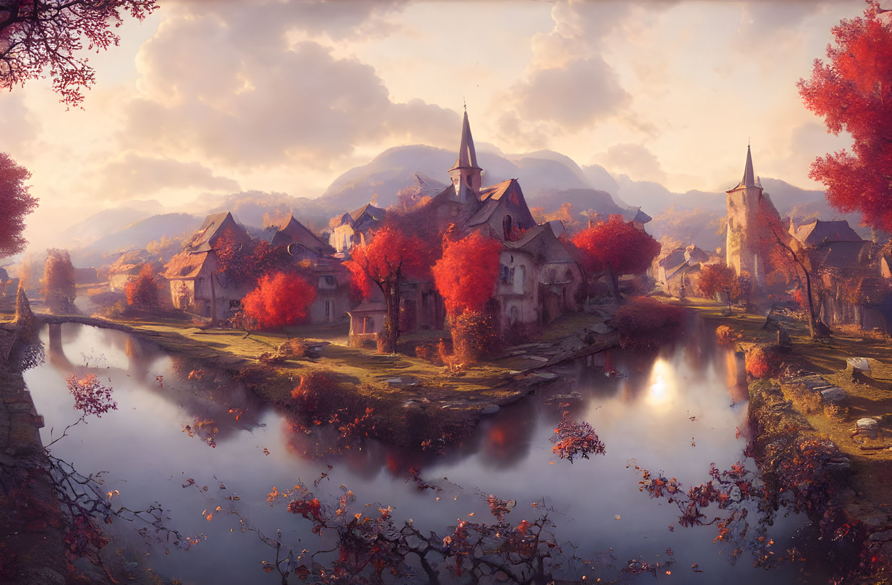 Autumnal village scene with old-world architecture and serene river sunset