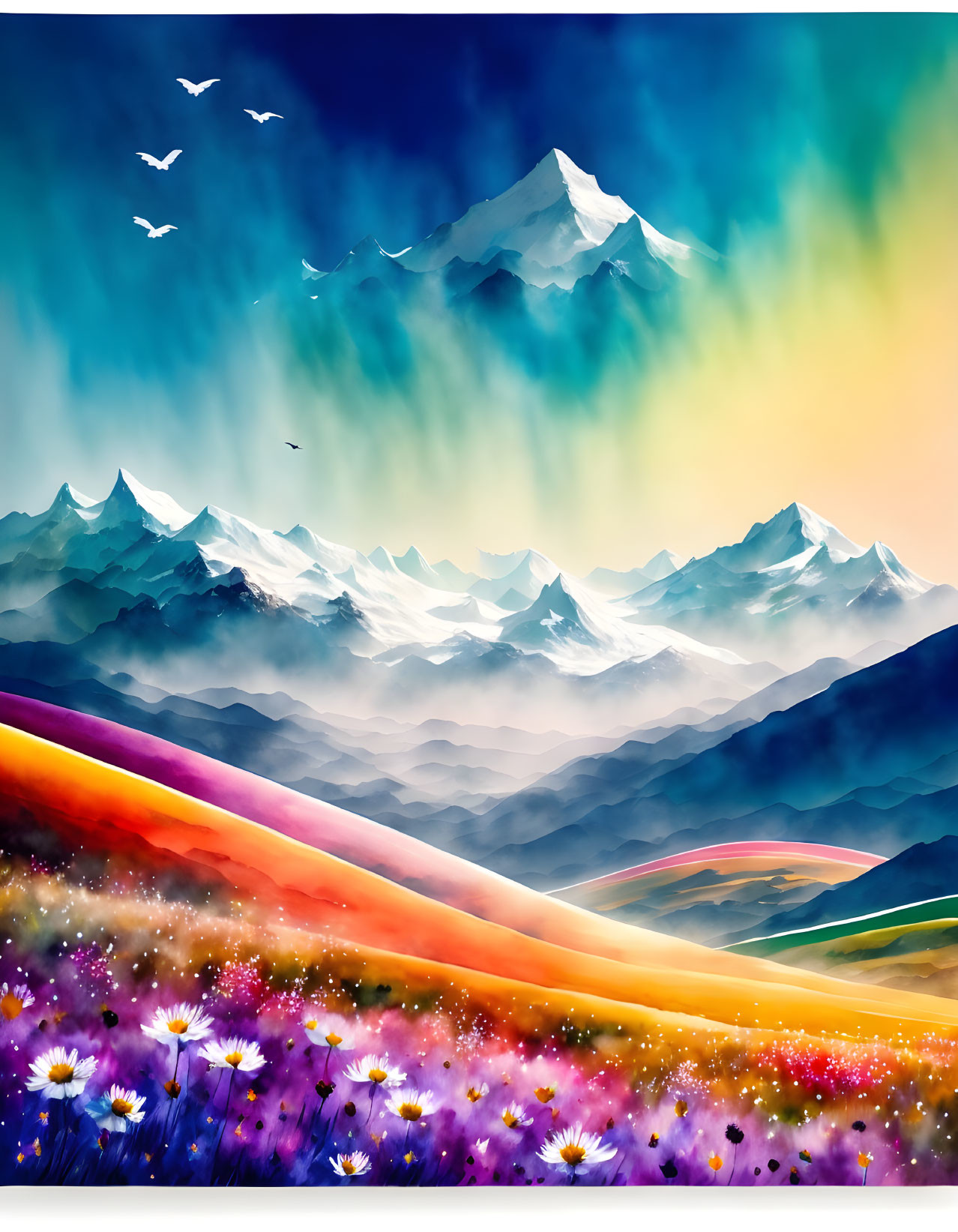 Colorful mountain range with blooming flowers and birds in vibrant sky