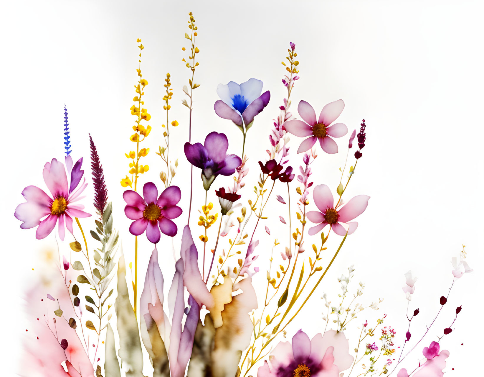 Colorful Watercolor Flowers in Pink, Purple, Blue, and Yellow on White Background