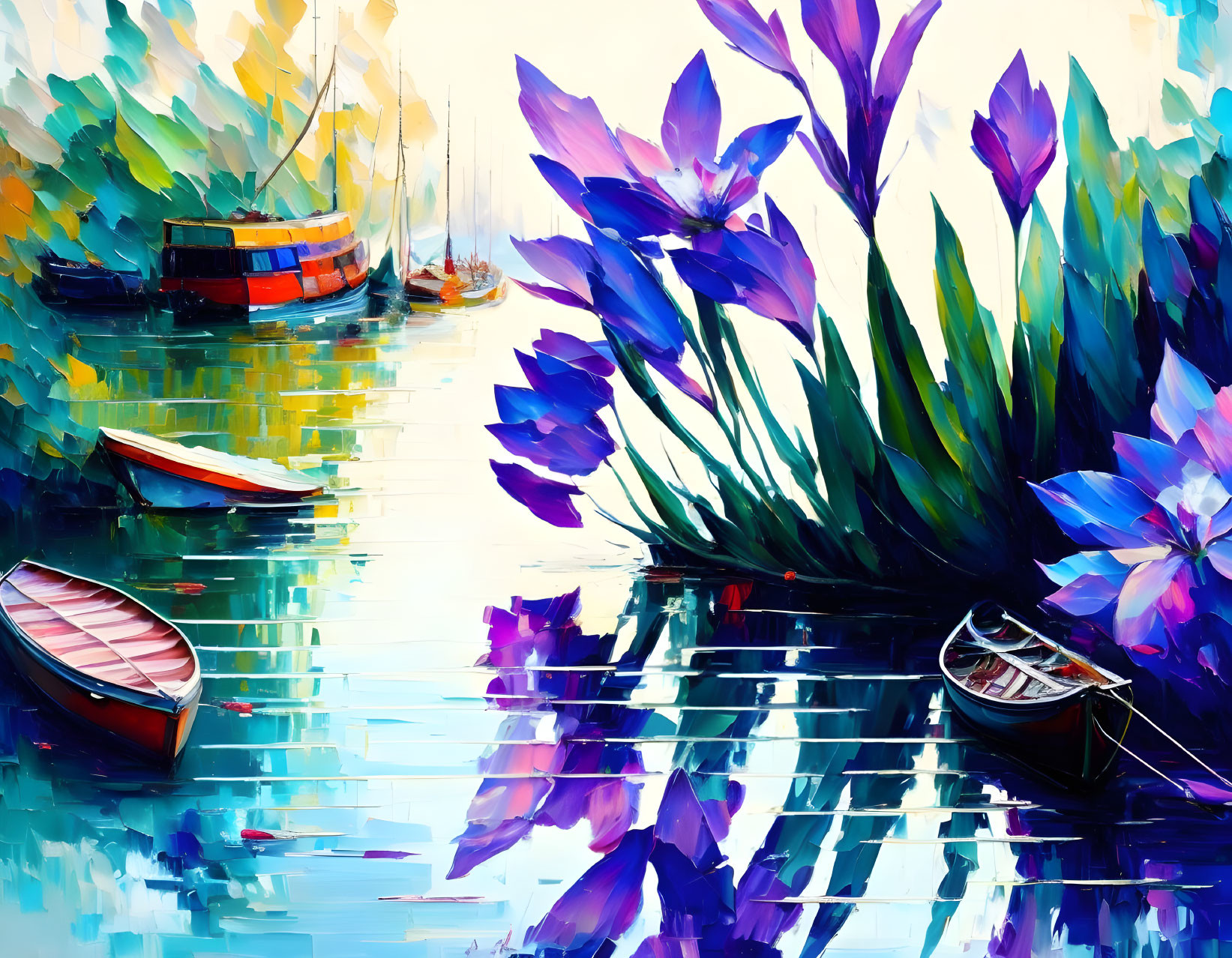 Vibrant painting of boats on waterway with blue-purple flowers