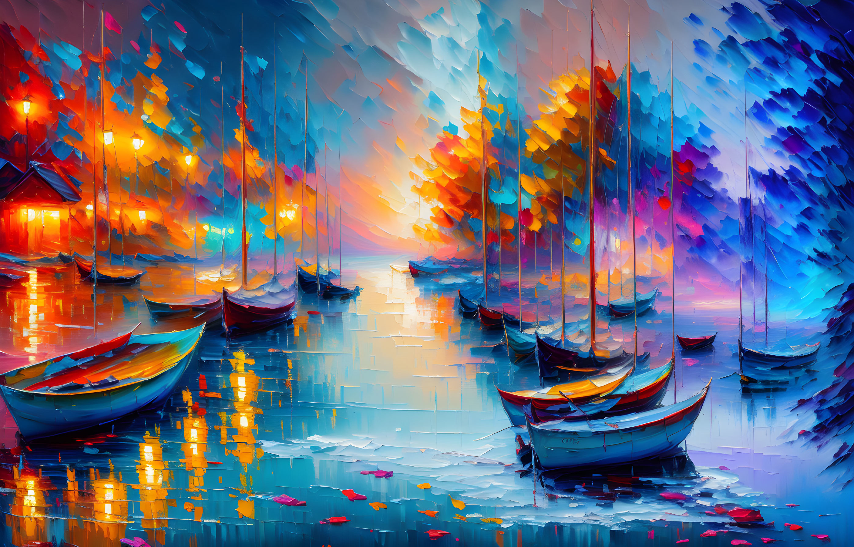 Colorful Impressionistic Painting: Boats, Sunset, Autumn Trees