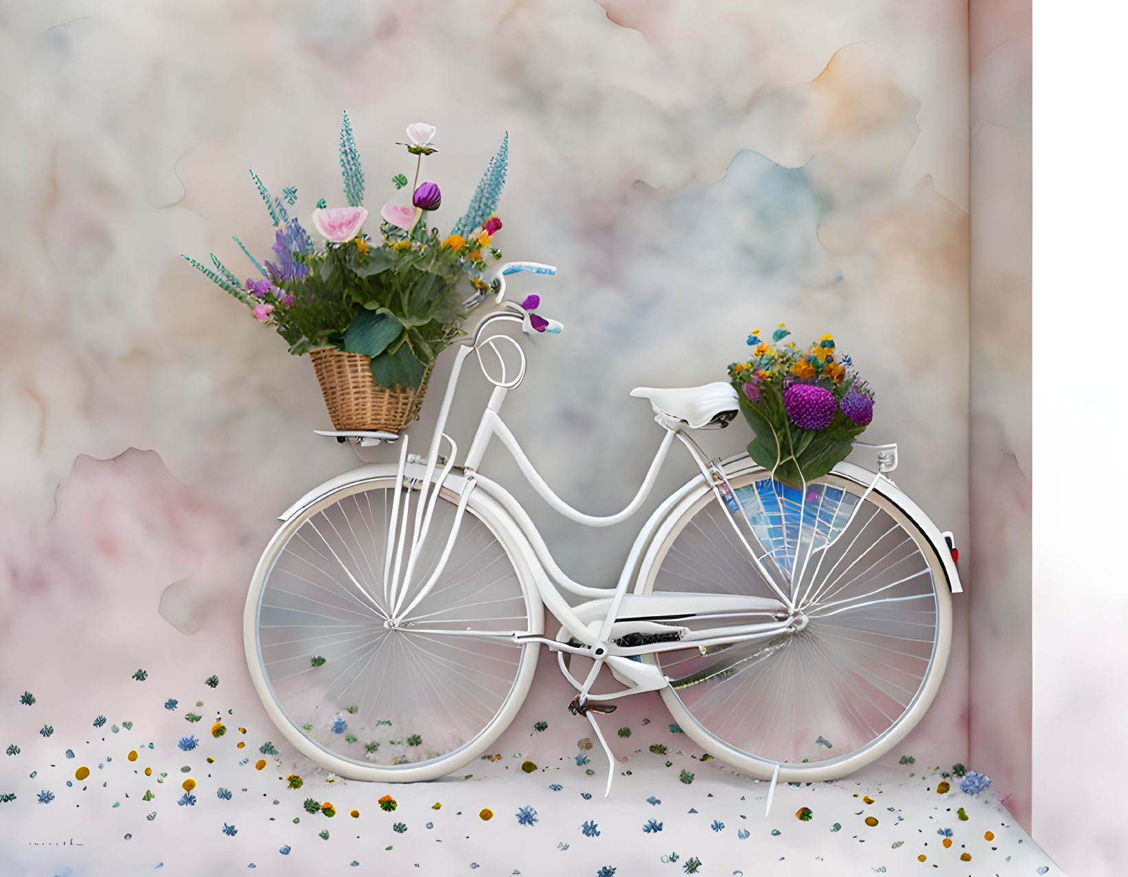 Whimsical white bicycle with vibrant flower baskets on pastel backdrop