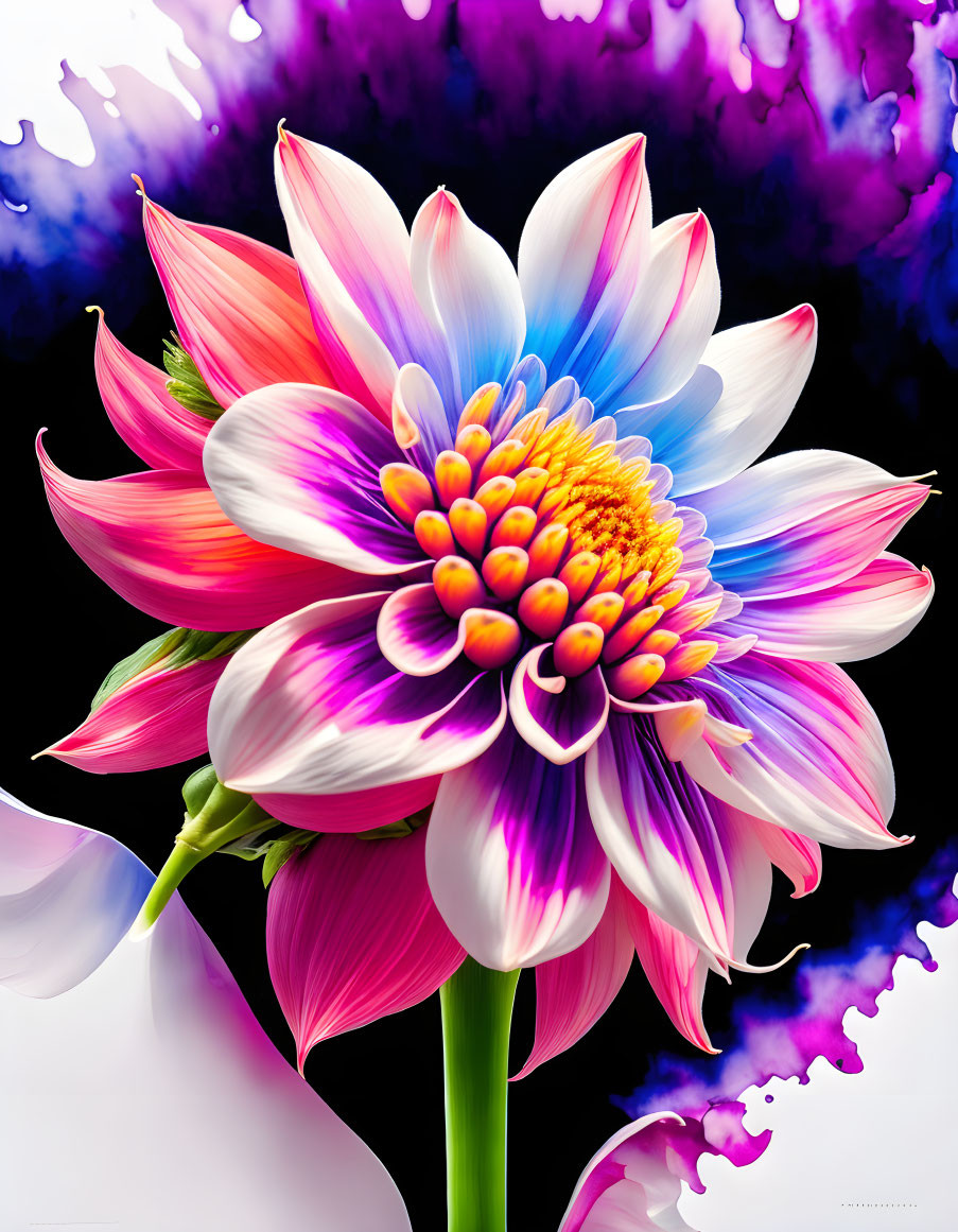 Detailed depiction of blooming flower with white and pink petals and yellow center against purple and blue ink clouds