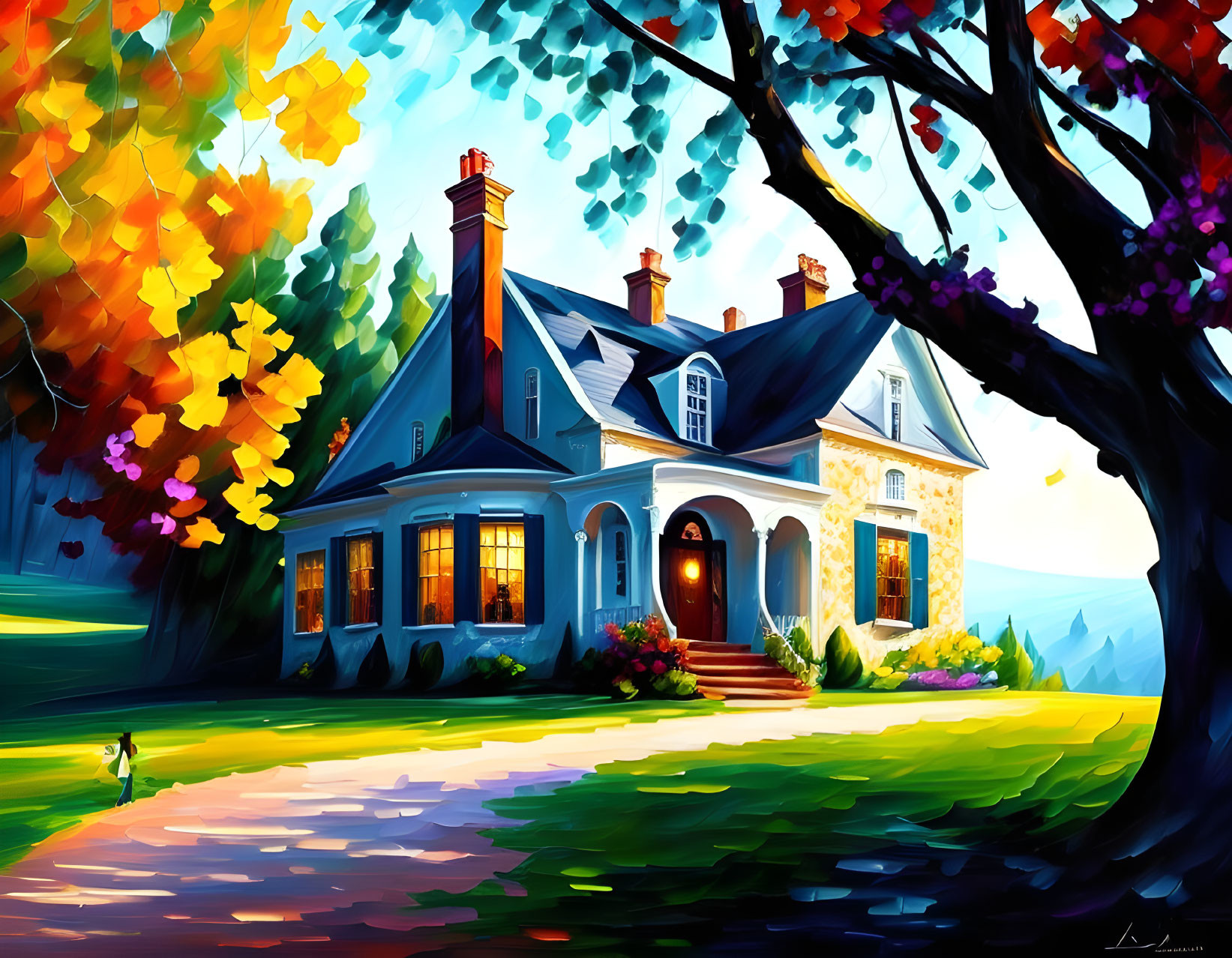 Colorful Autumn Scene: Quaint House Surrounded by Vibrant Trees