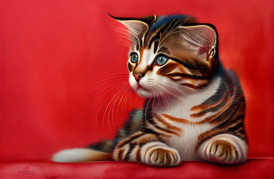 Realistic digital artwork of tabby kitten with striking fur patterns against vibrant red background