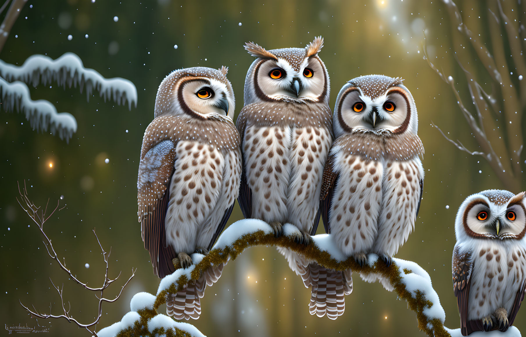 Detailed snowy owls on branch in night sky with snowflakes & glowing lights