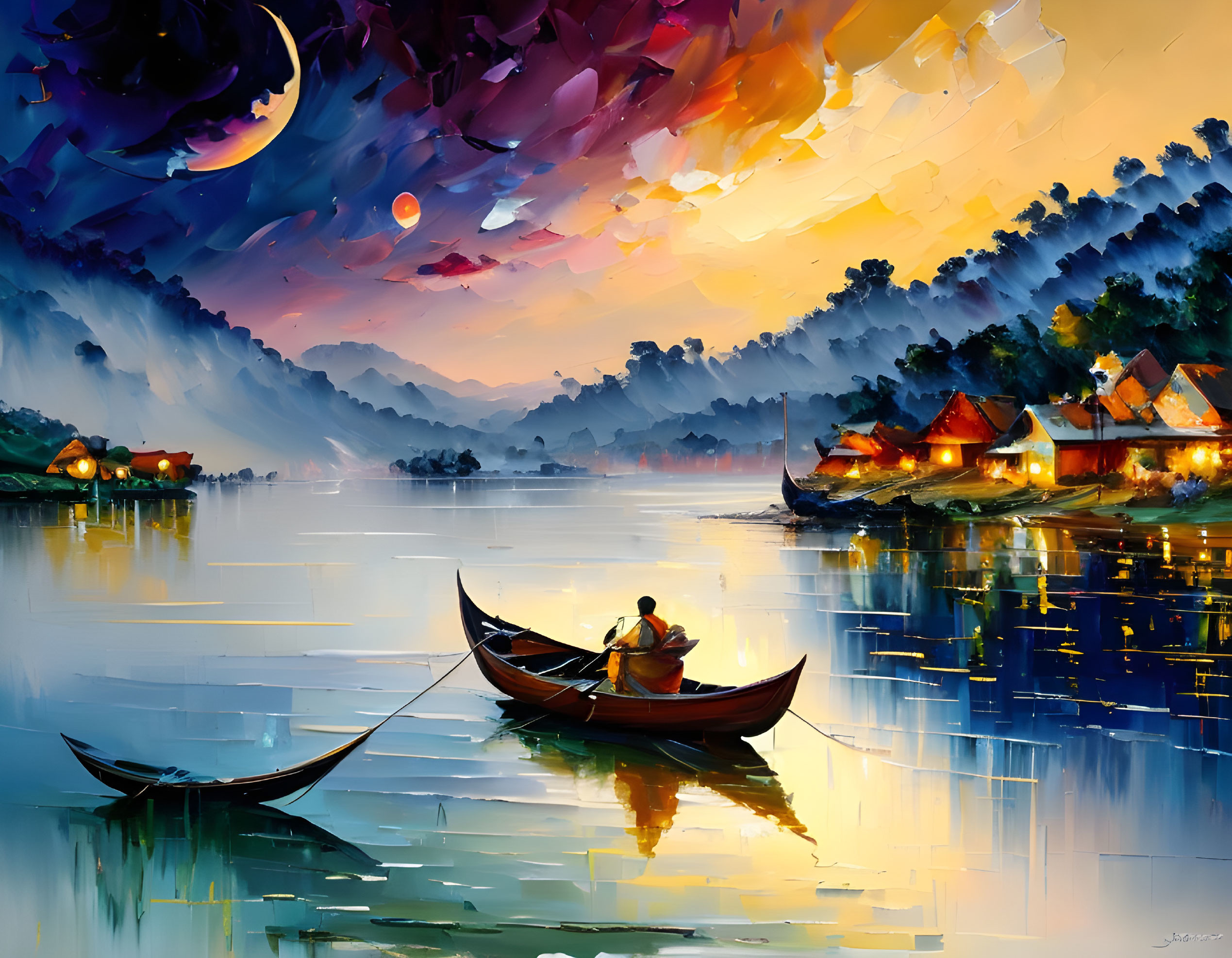 Colorful painting of person rowing boat on calm river at dusk