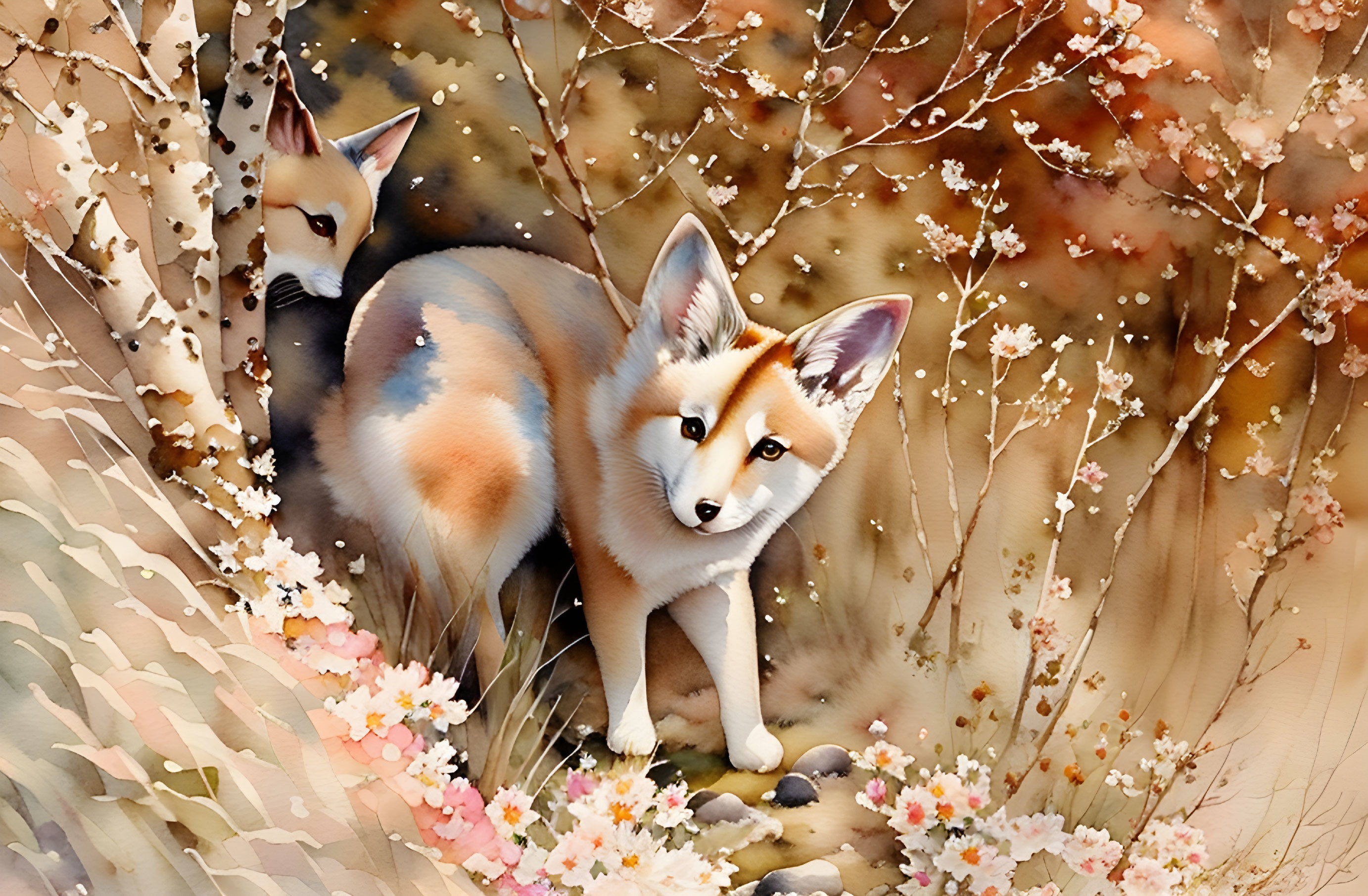 Autumnal setting with two foxes and delicate flowers and leaves