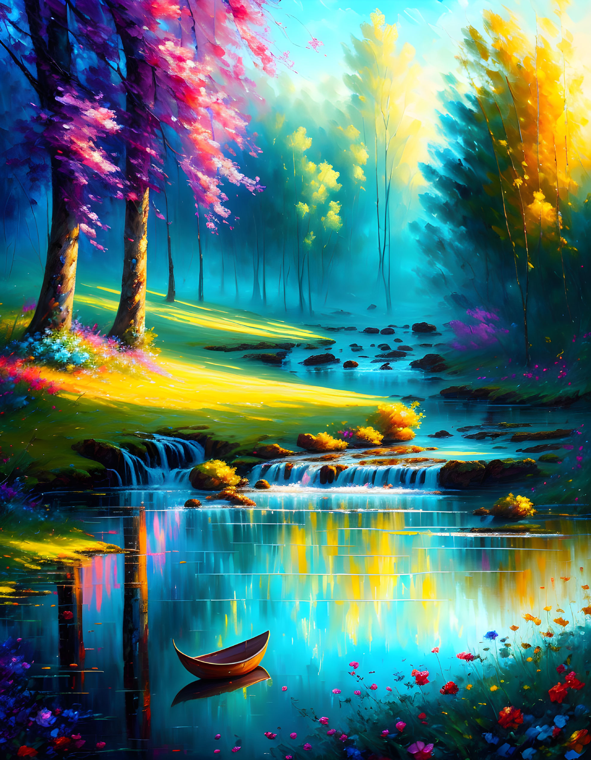 Serene forest landscape with river, waterfalls, colorful trees, boat, and mystical light