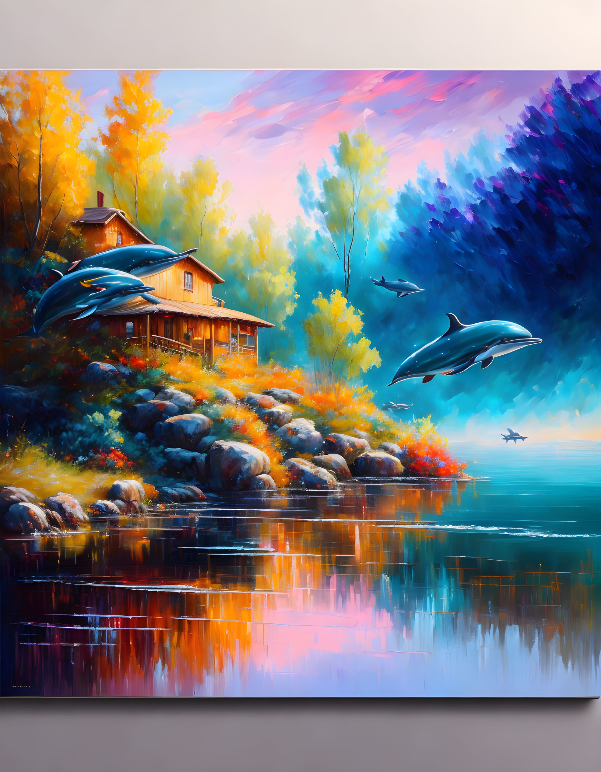 Lakeside cabin painting with dolphins in the sky at sunset