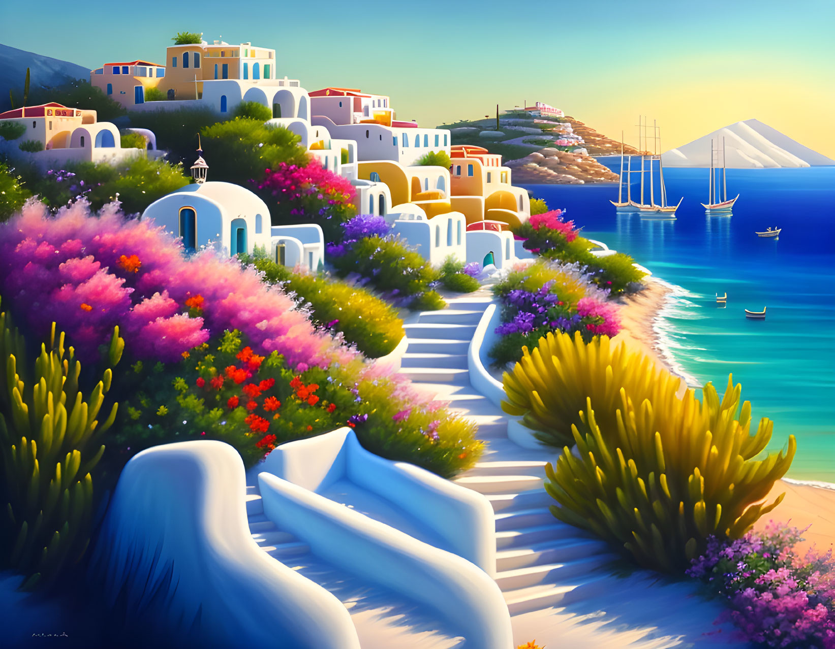 Scenic coastal village painting with white houses, flowers, and boats