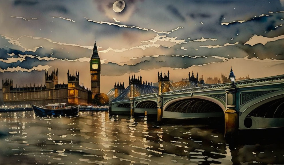 London's Big Ben and Westminster Bridge Watercolor Painting at Night